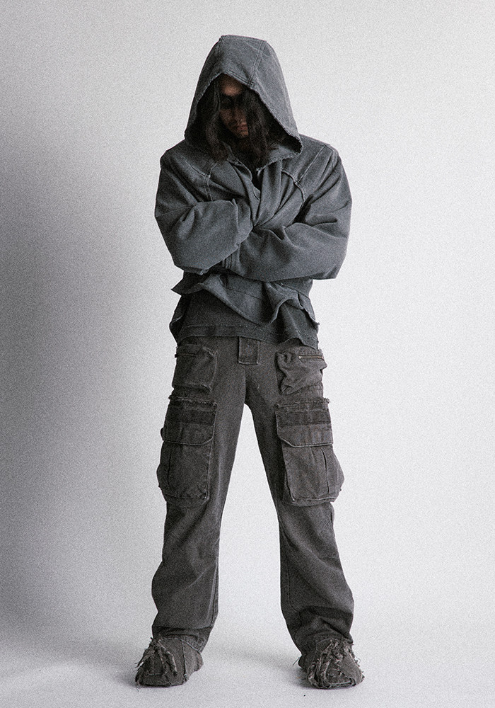 Distressed Deconstructed Cropped V-Neck Hoodie