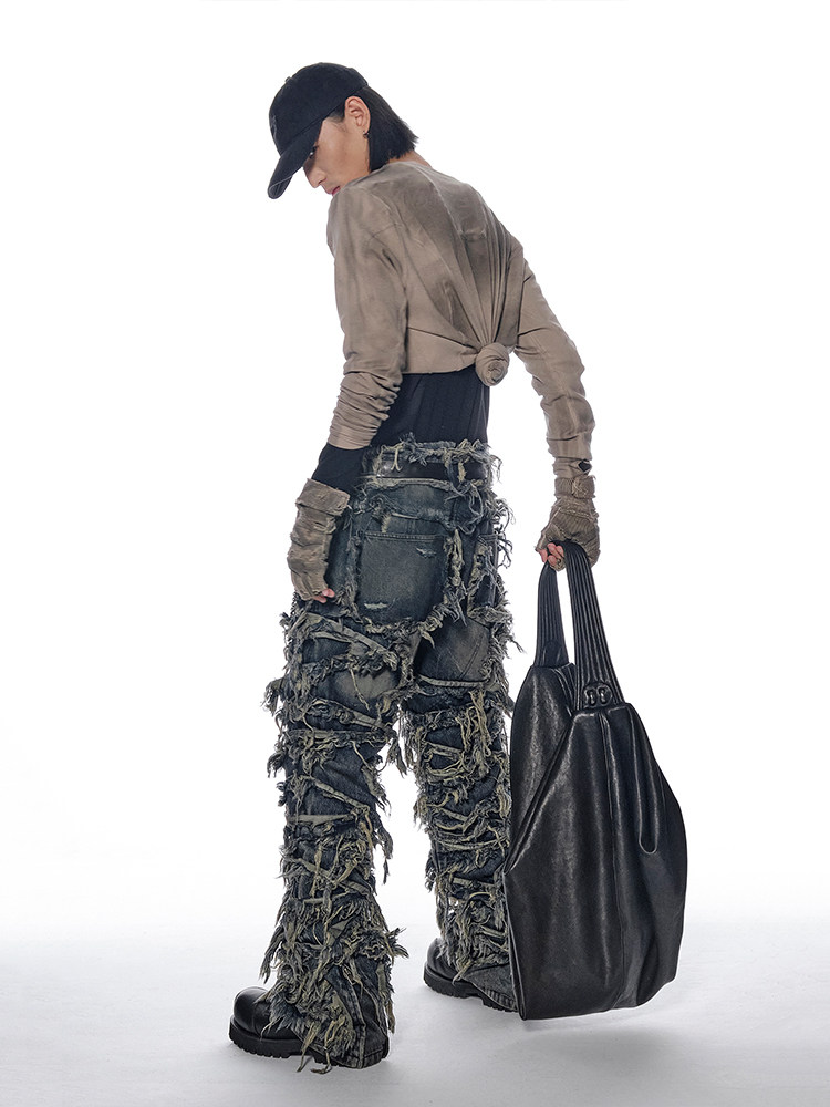 EROSION Frayed Fringe Washed Jeans