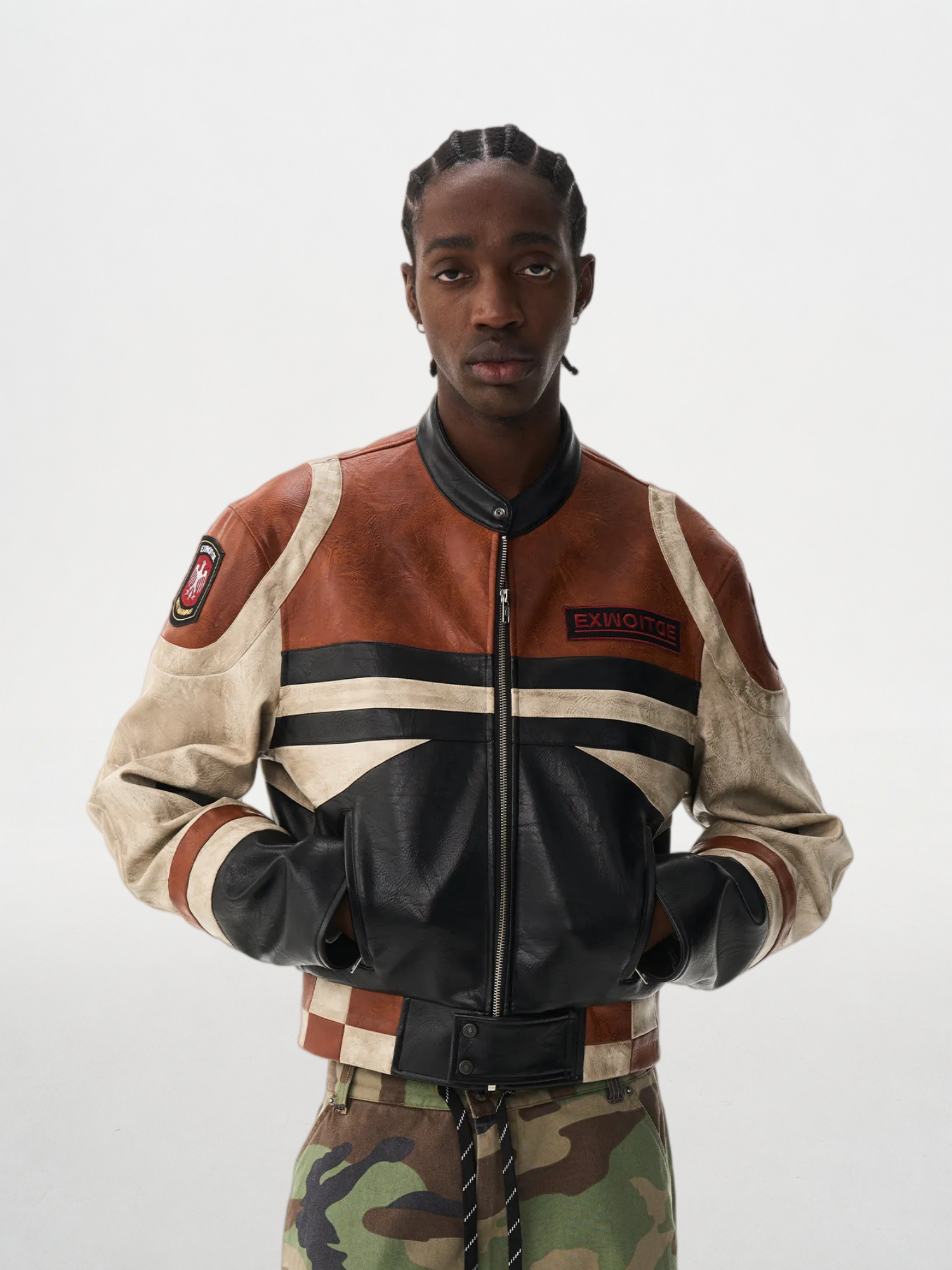 Vintage Color-Block Distressed Leather Jacket