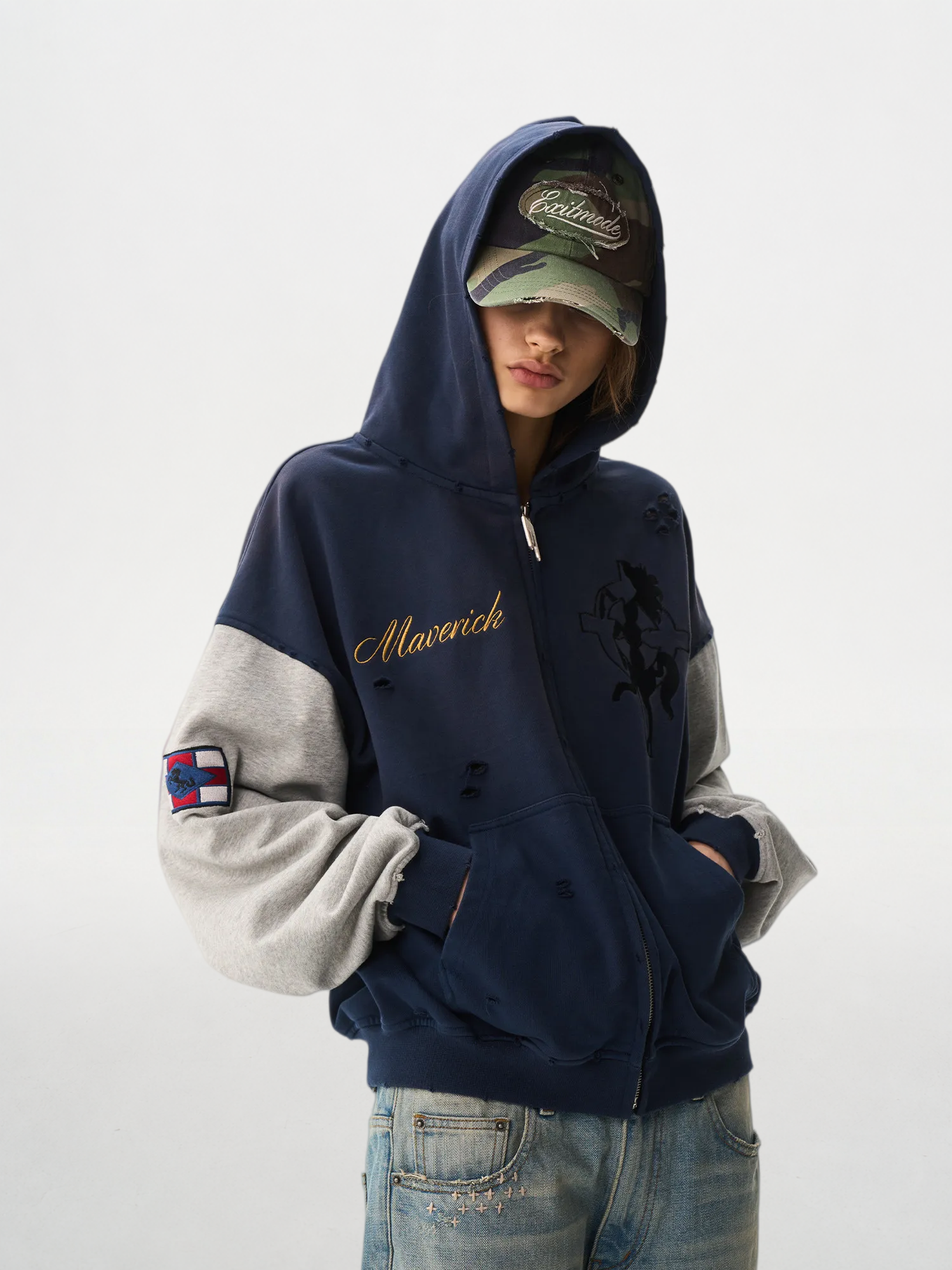 Color-Block Washed "Cross Warhorse" Hooded Jacket