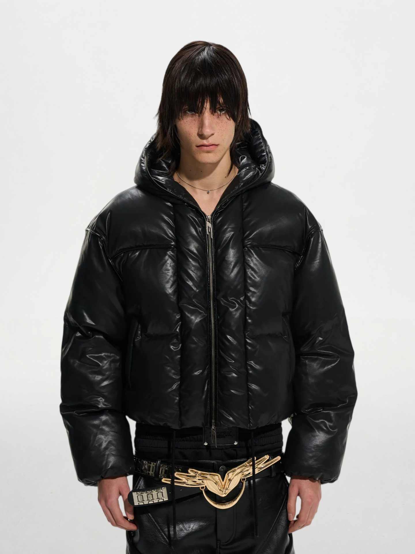 Black 90% Down Hooded Leather Jacket