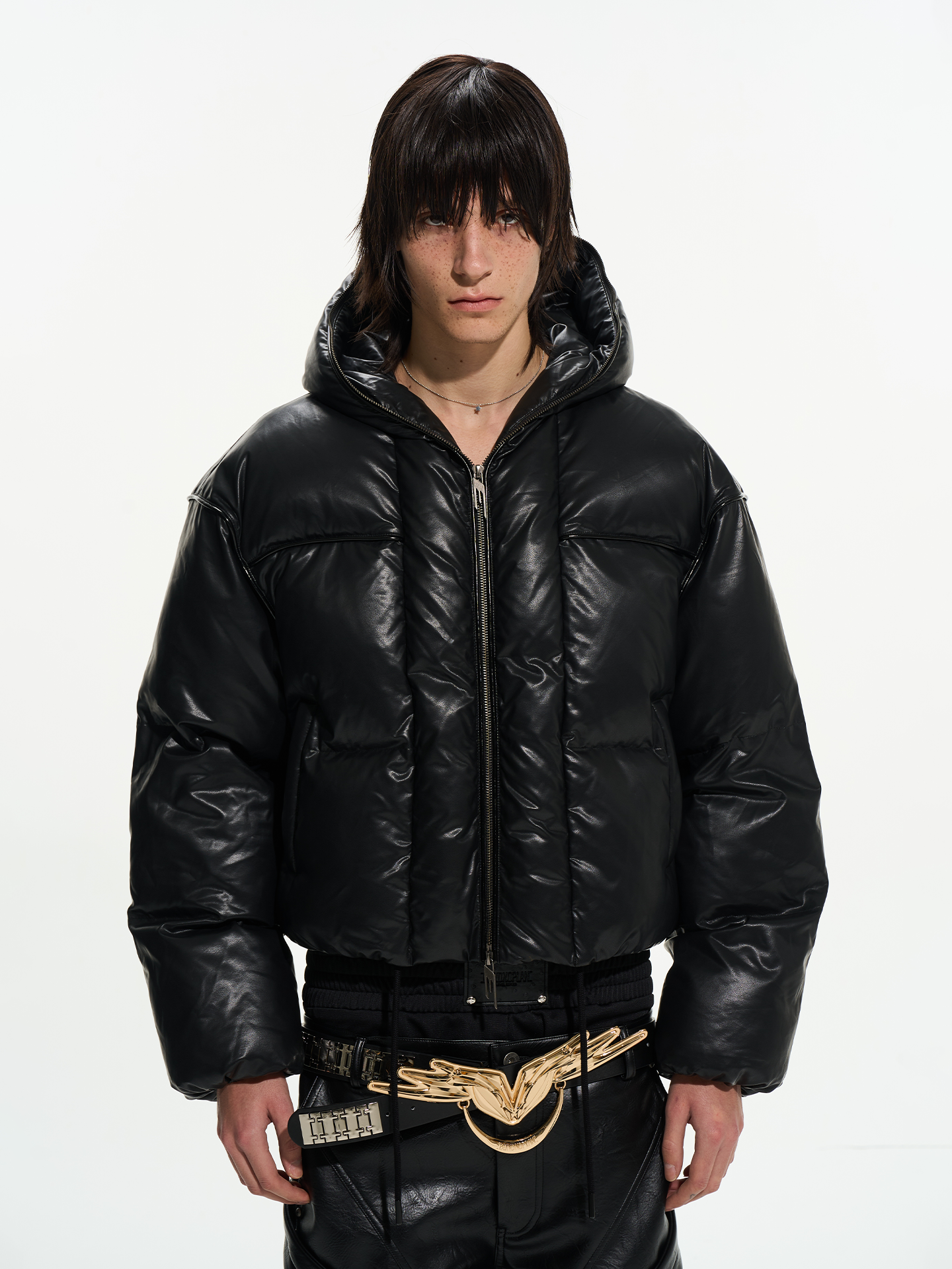 Black 90% Down Hooded Leather Jacket