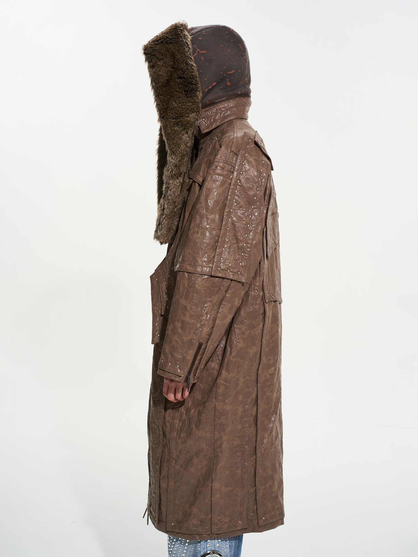 Custom Metal-Studded Detachable Fur Collar Leather Overcoat