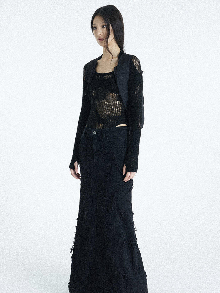 Thorn-Distressed Denim Skirt