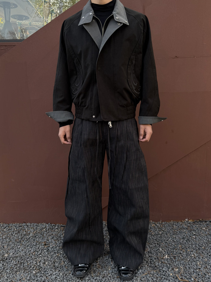 Ink Bamboo Stripe Wide-Leg Trousers