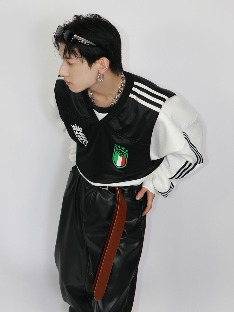 Shoulder-Padded Faux Two-Layer Crewneck Sweatshirt