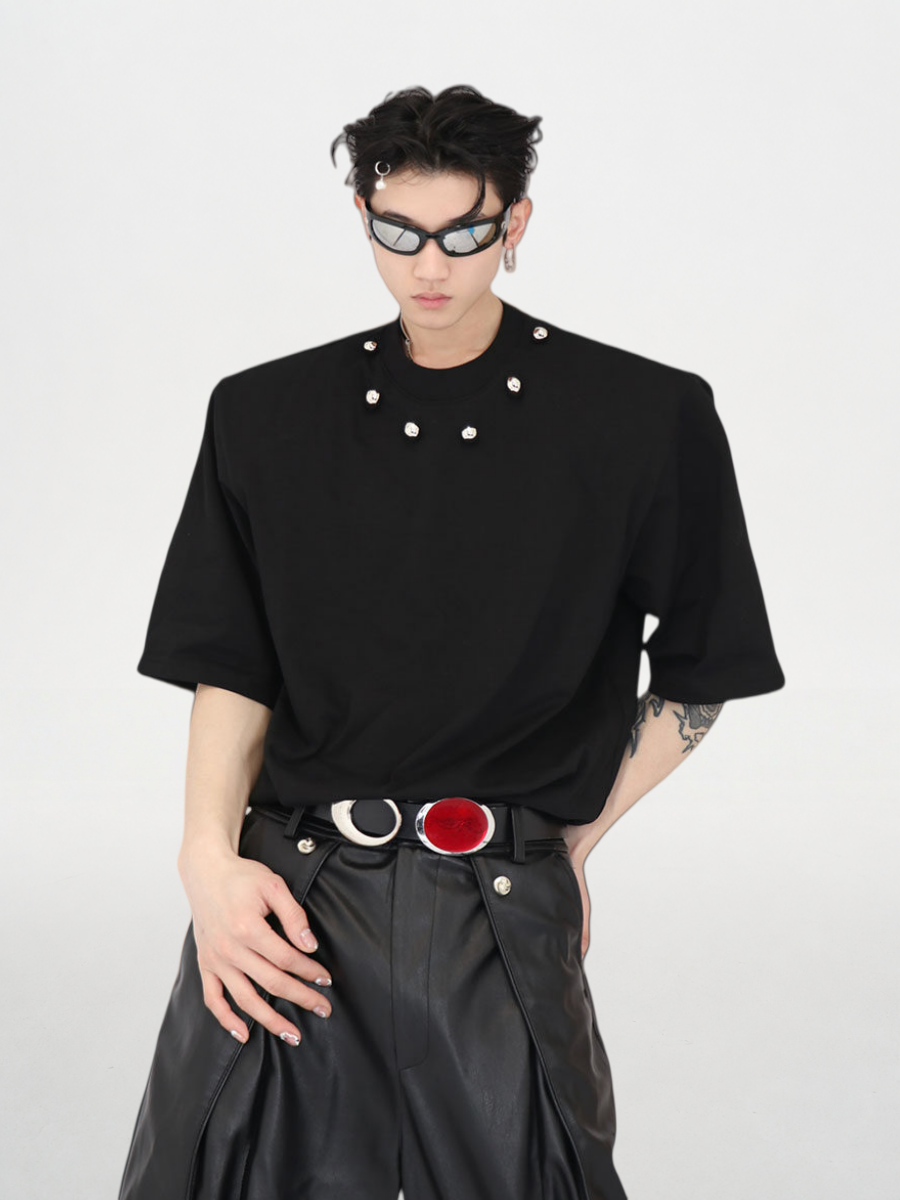 Metallic Bead Embellished Shoulder-Padded Short Sleeve Tee