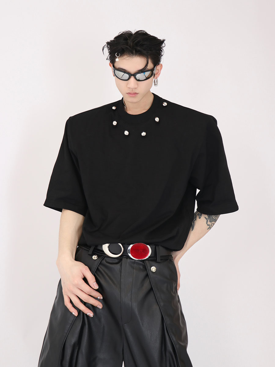 Metallic Bead Embellished Shoulder-Padded Short Sleeve Tee