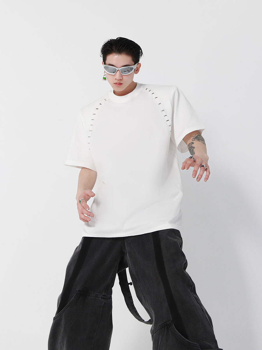 Metallic Bead-Trimmed Shoulder-Padded Short Sleeve