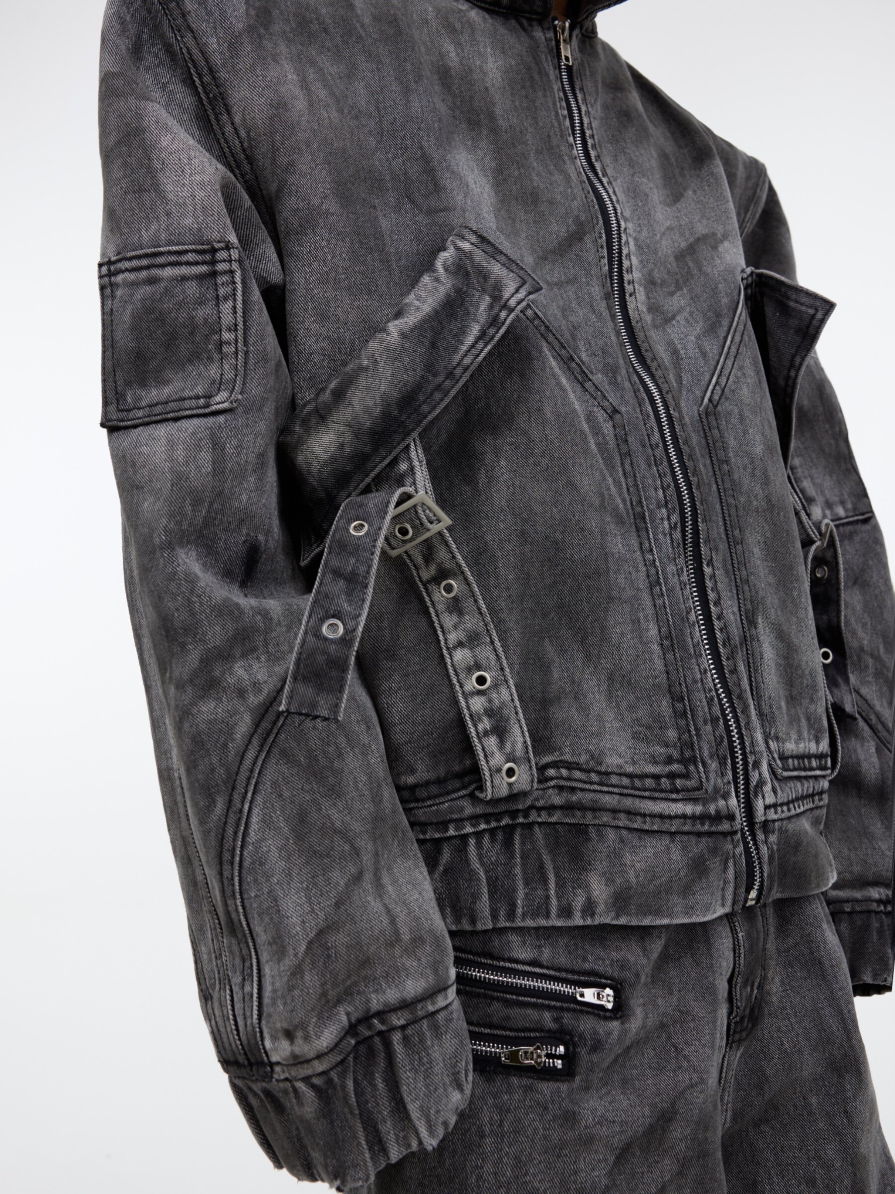 Vintage Washed Distressed Zip-Pocket Denim Jacket & Pants Set  
