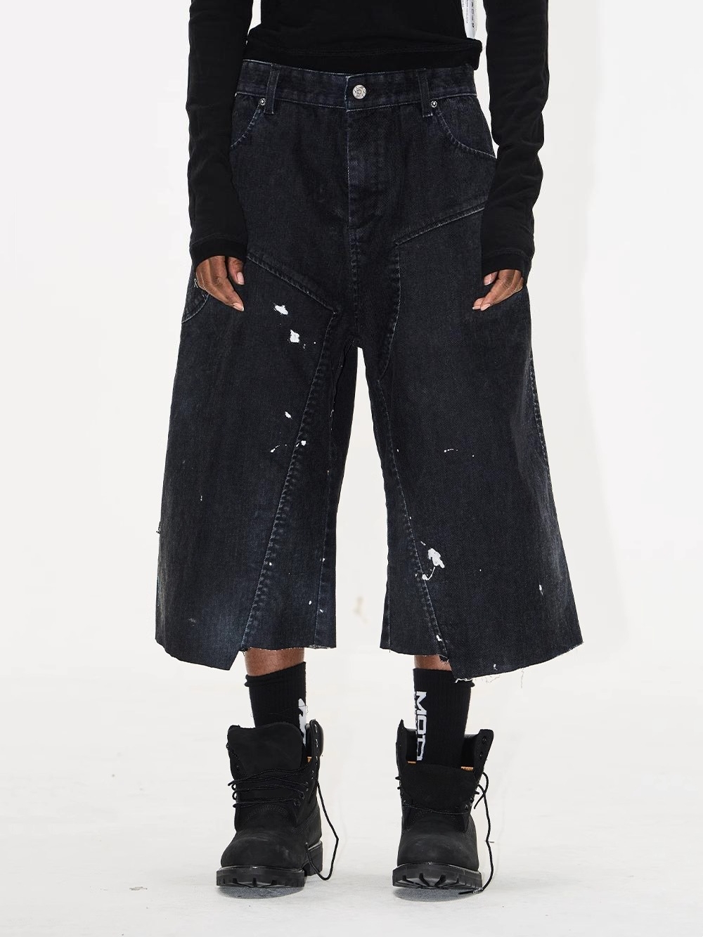 EXITMODE BY BLINDNOPLAN Washed Paint-Splatter Flocked Denim Lumber Shorts