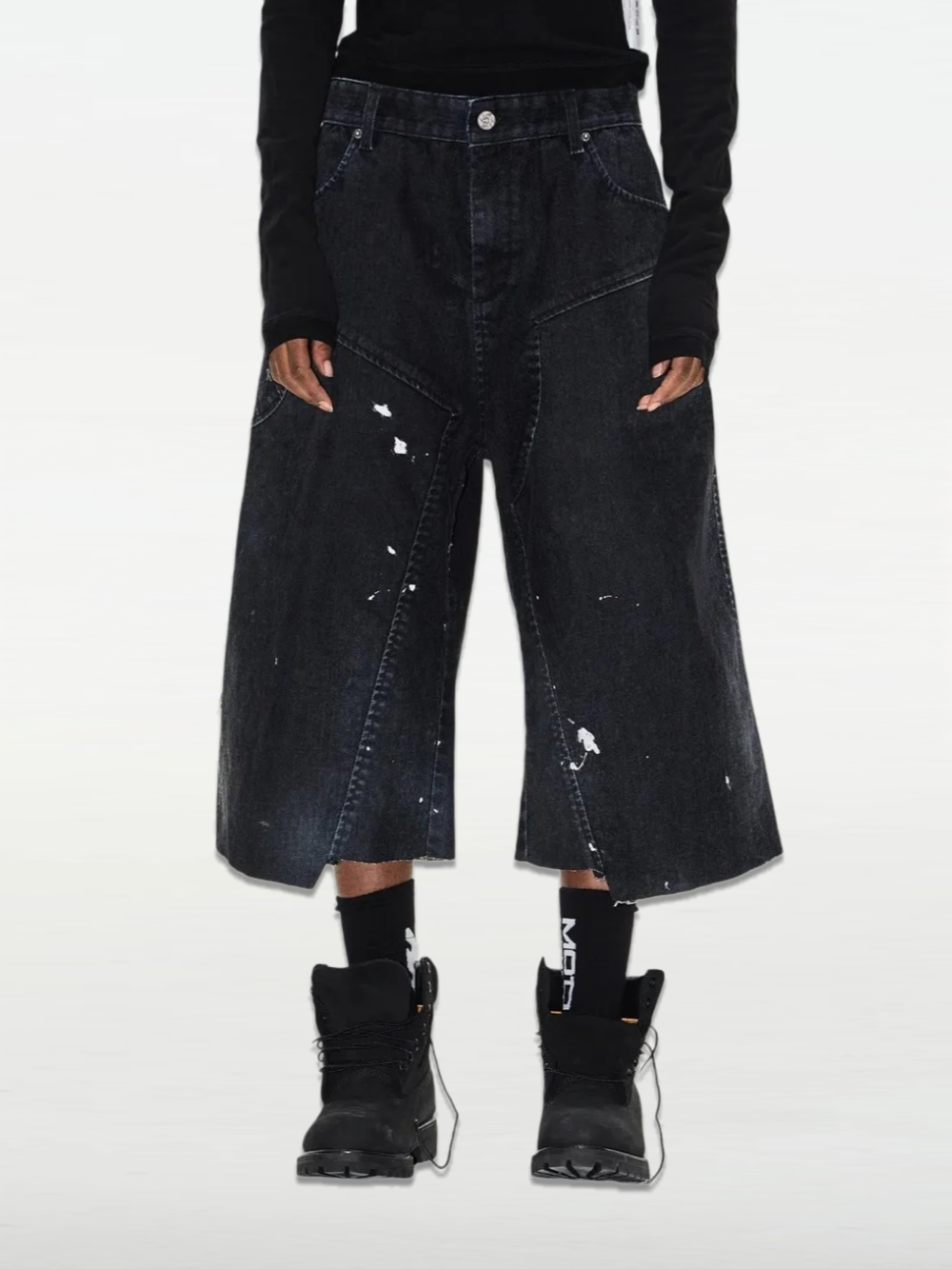 Washed Paint-Splatter Flocked Denim Lumber Shorts