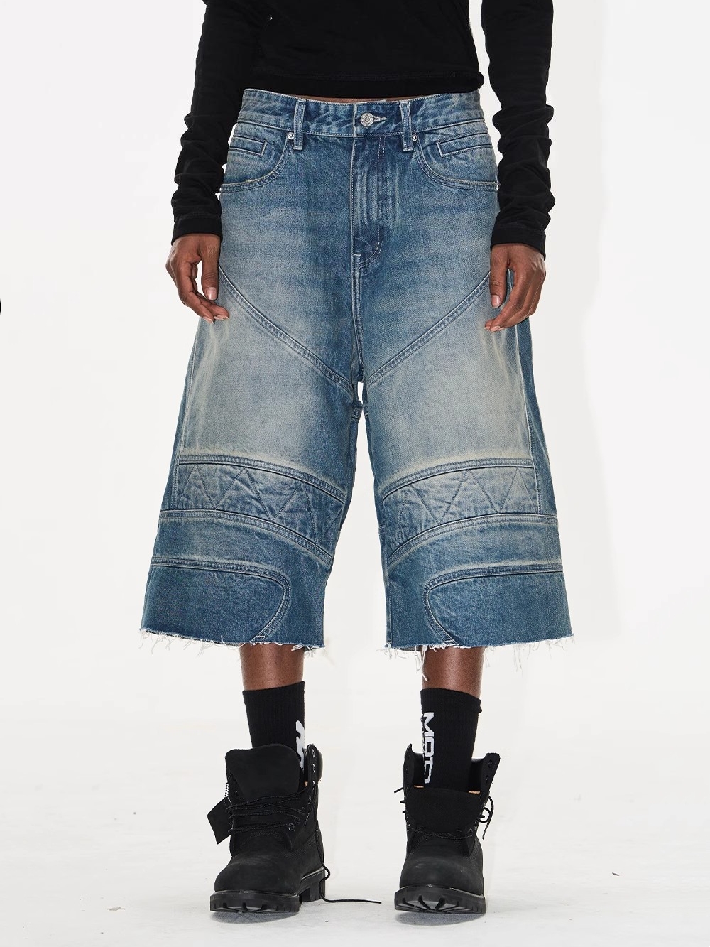 EXITMODE BY BLINDNOPLAN Washed Distressed Biker Raw-Edge Denim Shorts