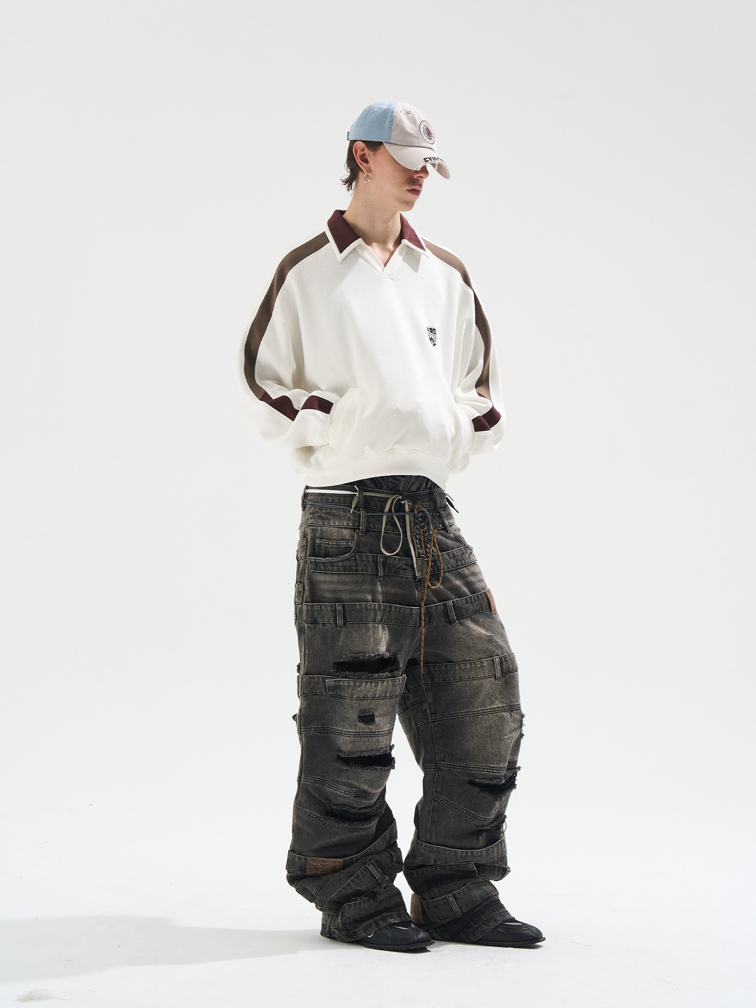 EXITMODE BY BLINDNOPLAN Multi-Layered Waist Ash-Wash Baggy Jeans
