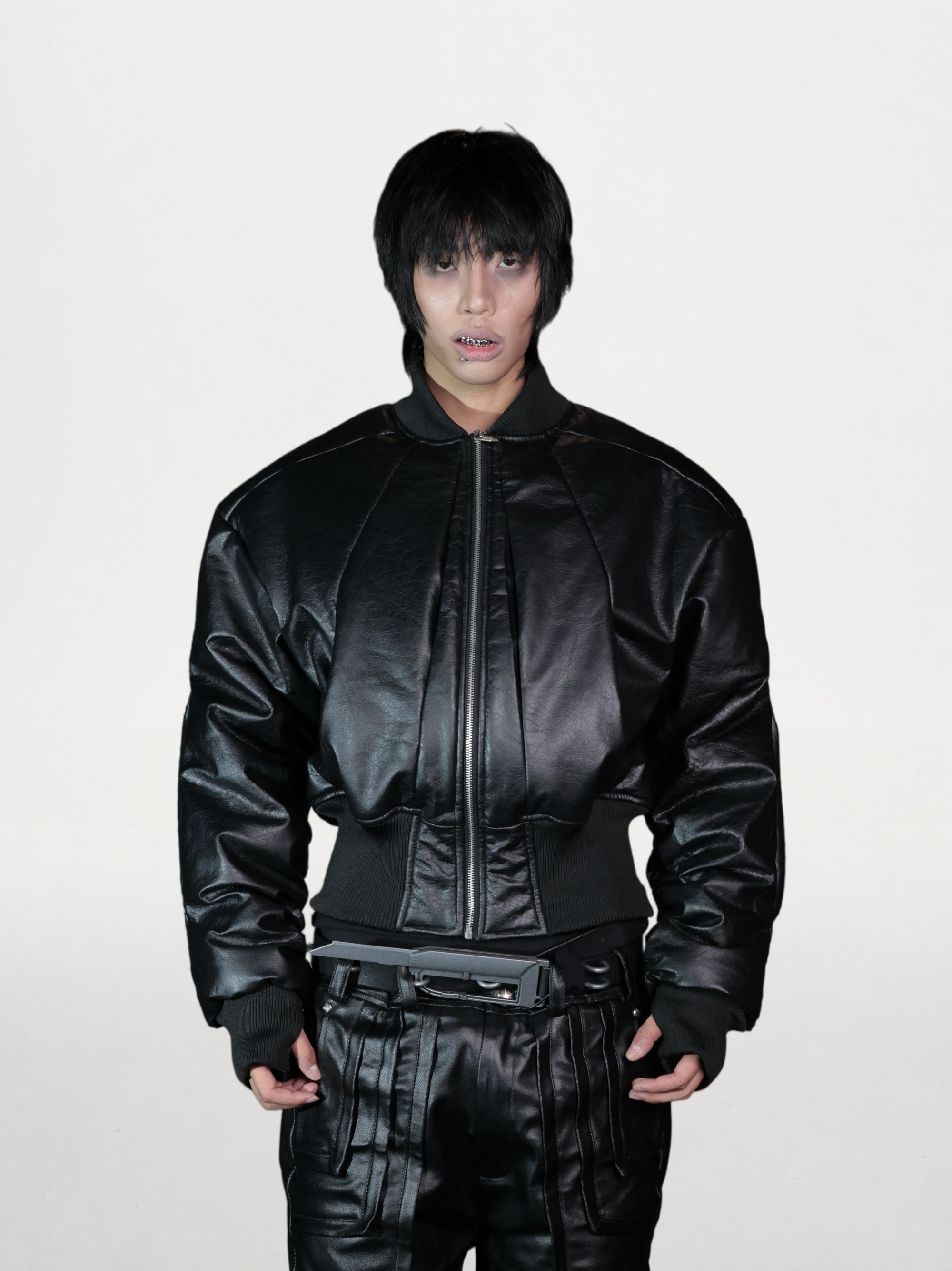 Cracked Texture “Radiant Line” Hidden Stitch Bomber Jacket