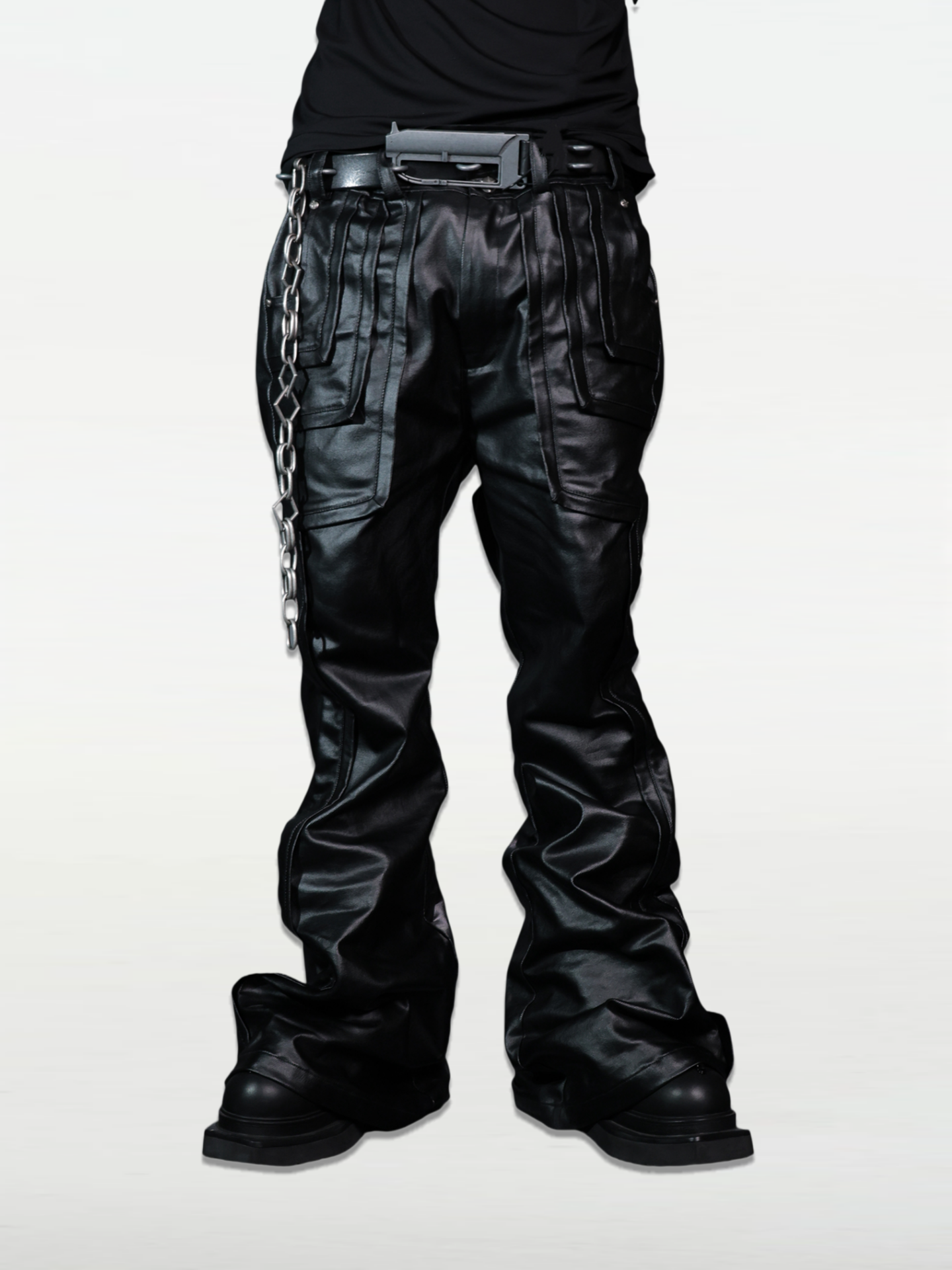 Geometric Flap-Cut Waxed Flare Jeans