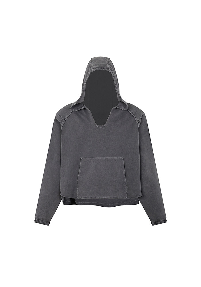 Distressed Deconstructed Cropped V-Neck Hoodie