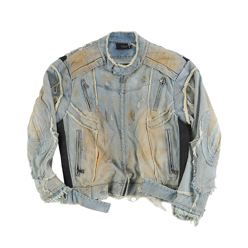 Mud-Dye Destroyed Fringe Motorcycle Denim Jacket