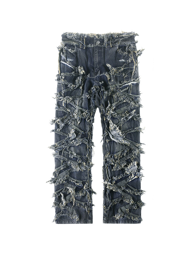 EROSION Frayed Fringe Washed Jeans