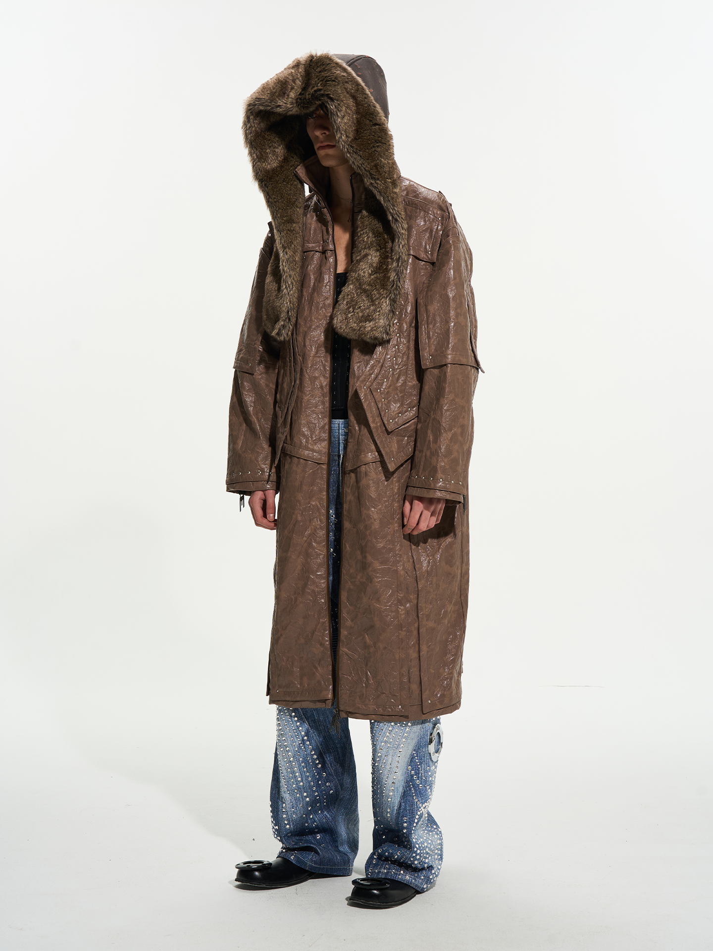 Custom Metal-Studded Detachable Fur Collar Leather Overcoat