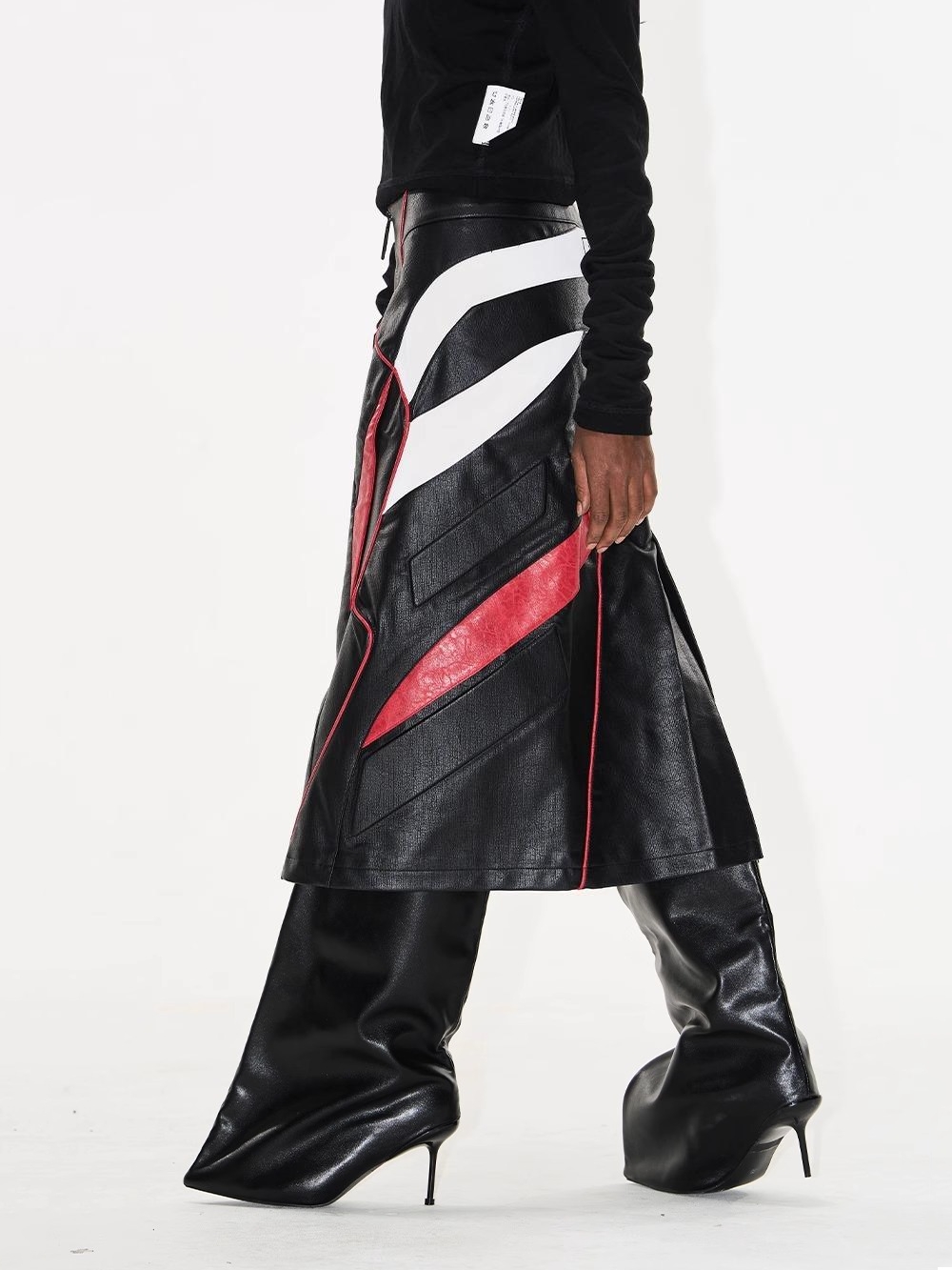 BLINDNOPLAN 25SS Color-Block Biker Leather Skirt