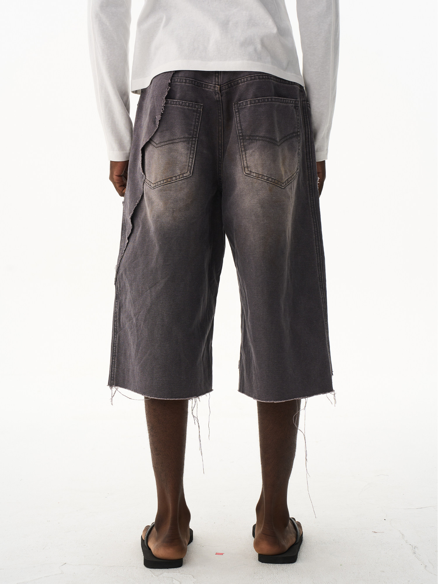 Double-Layer Distressed Washed Grey Shorts