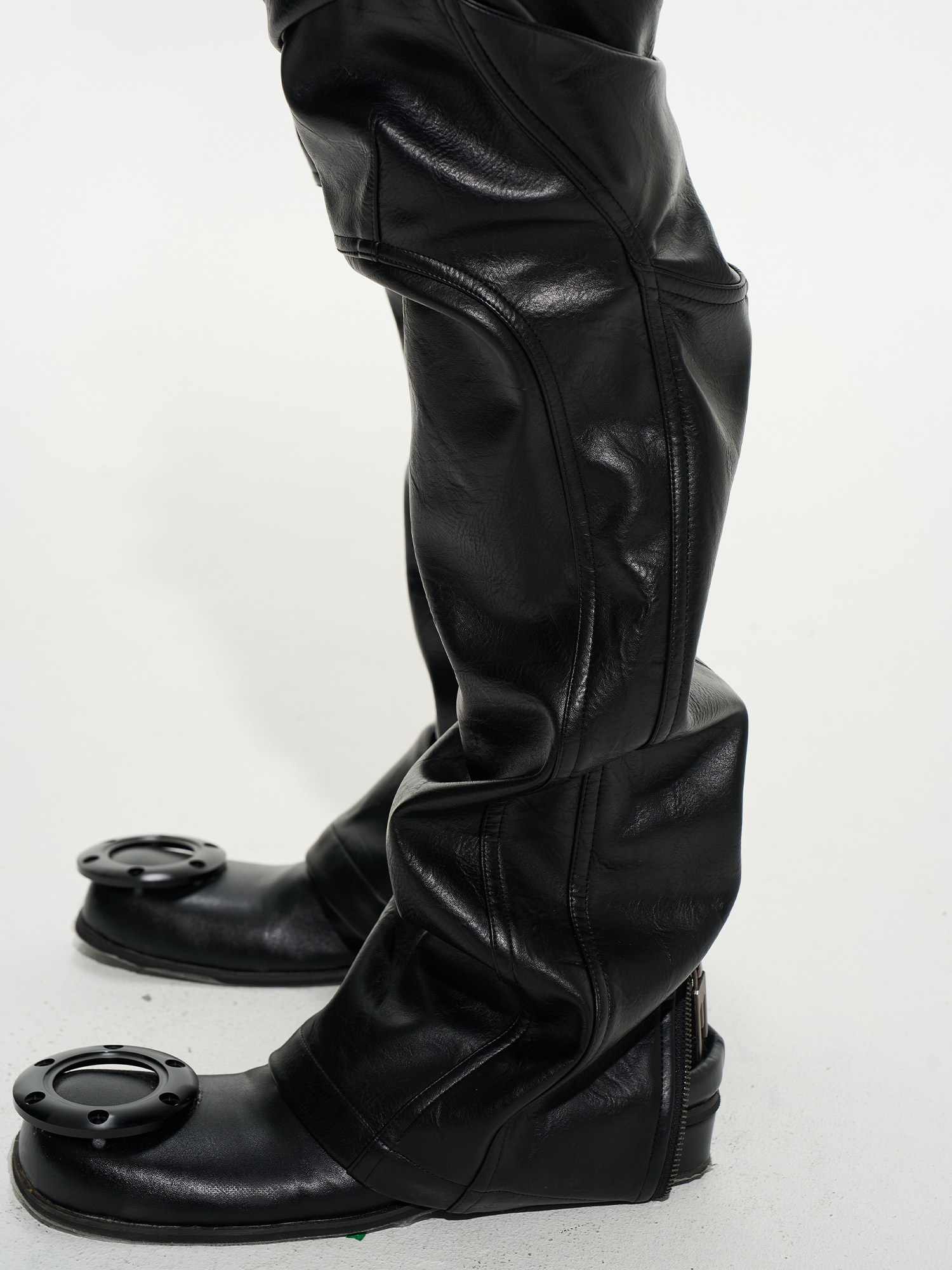 Asymmetric Motorcycle Stacked Double-Waist Leather Pants