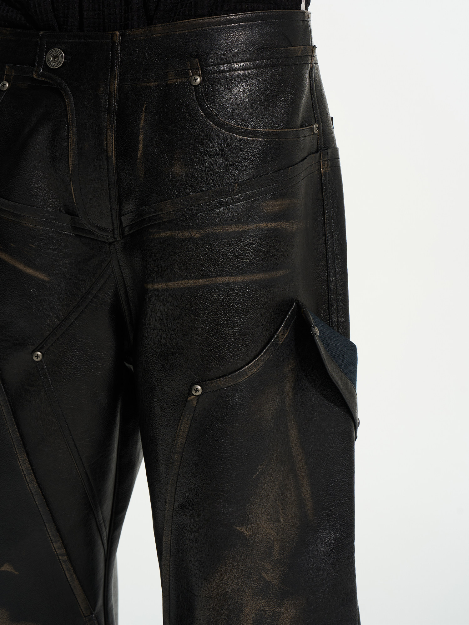 Double-Waist Distressed Fold-Over PU Pants