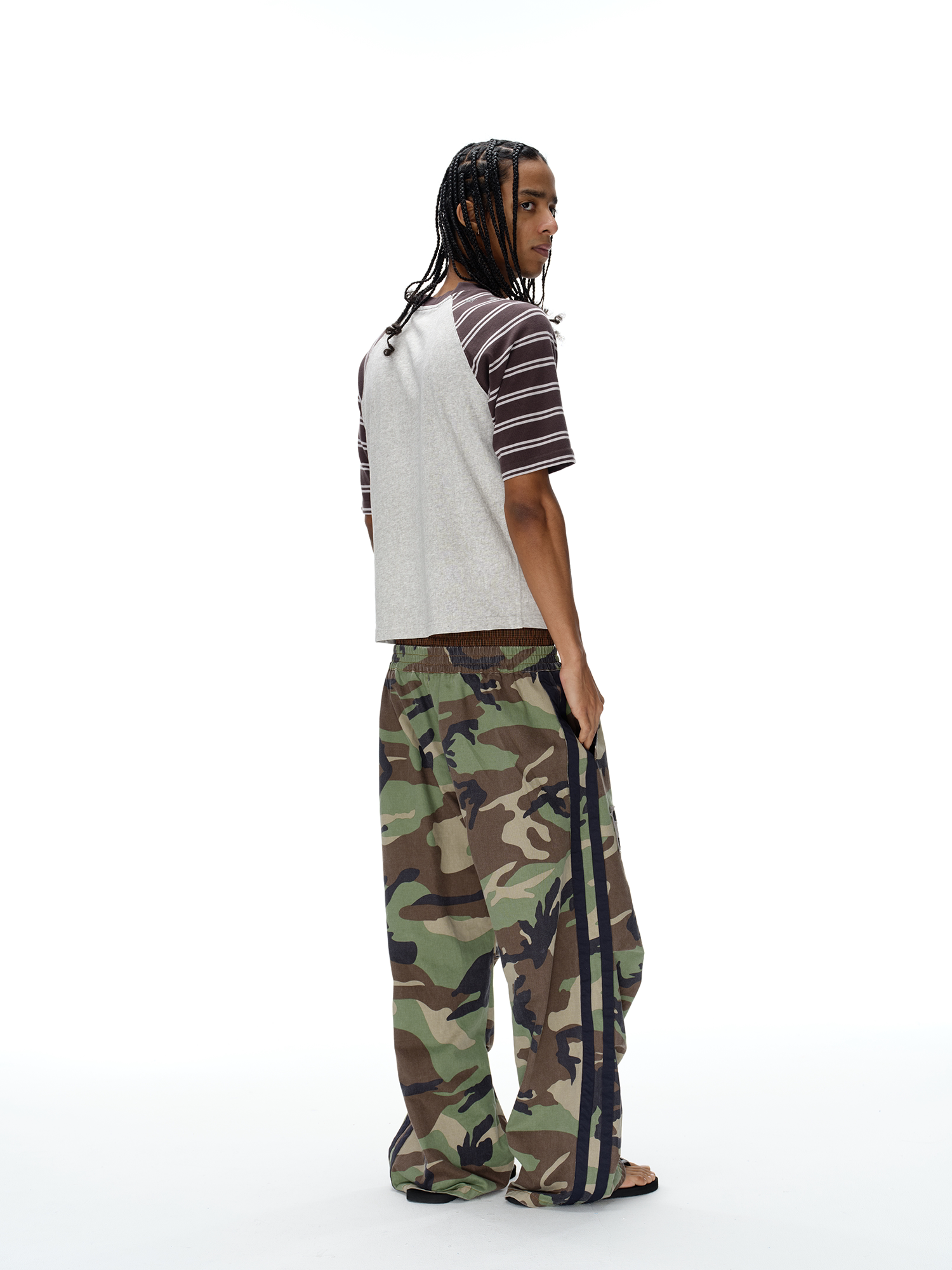 Double-Waist Pleated Camo Embroidered Badge Pants
