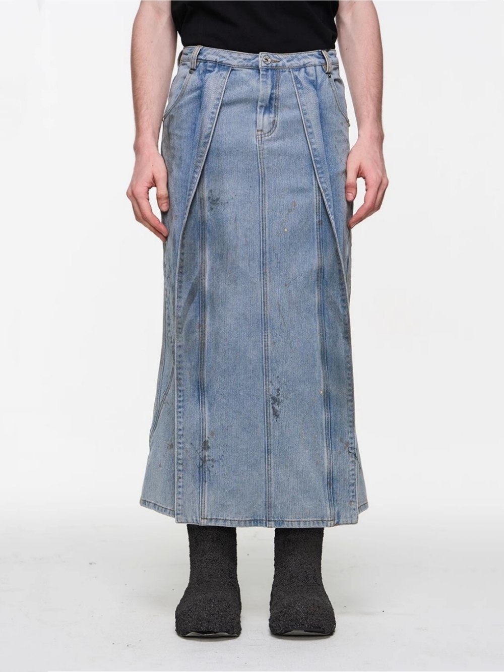 BLINDNOPLAN 24SS Mud-dyed Ink-splattered Distressed Flared Skirt