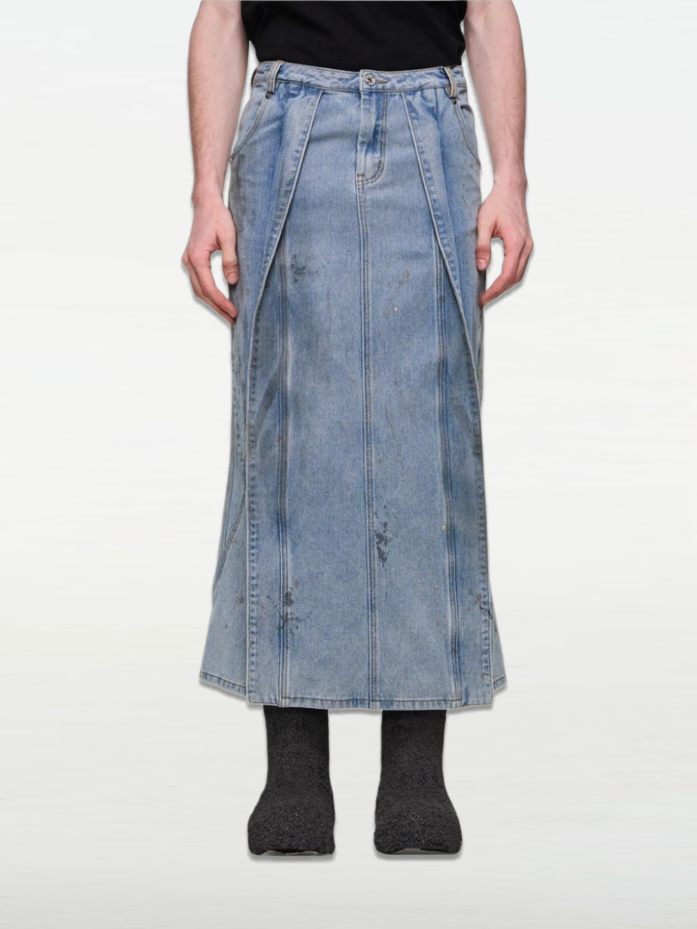Mud-dyed Ink-splattered Distressed Flared Skirt