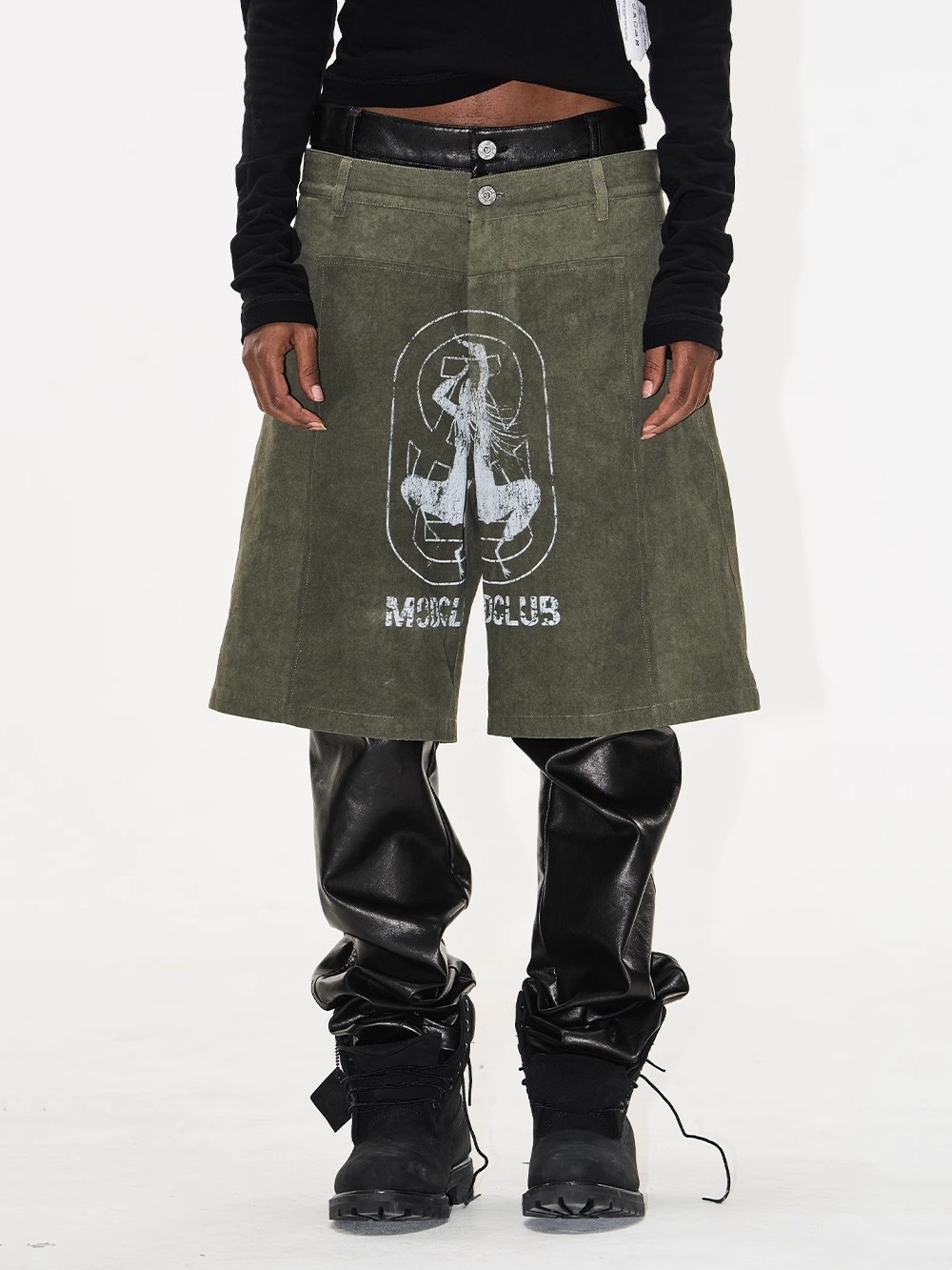 EXITMODE BY BLINDNOPLAN Faux Two-Piece Pearl Sail Fabric & Faux Leather Patchwork Pants