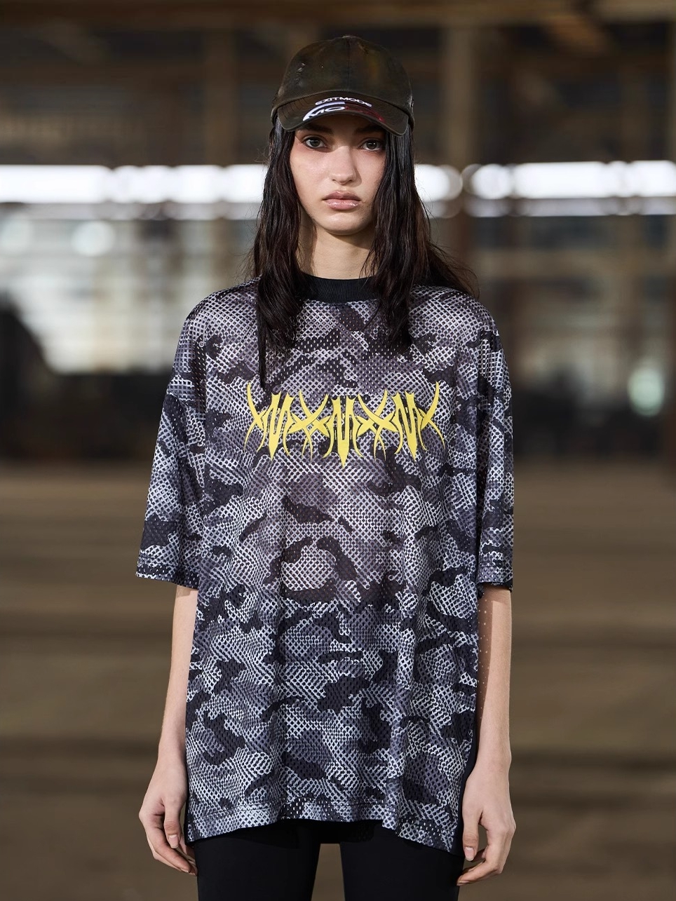 EXITMODE BY BLINDNOPLAN 24SS Double-Sided Gray Camouflage Distressed T-Shirt