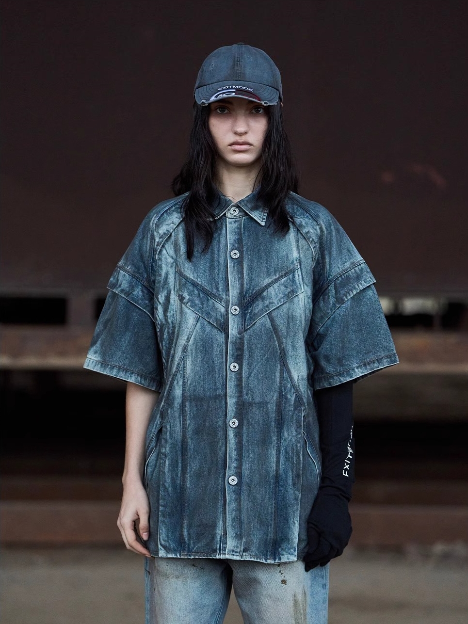 EXITMODE BY BLINDNOPLAN 24SS Heavy Washed Distressed Denim Shirt with Epaulets