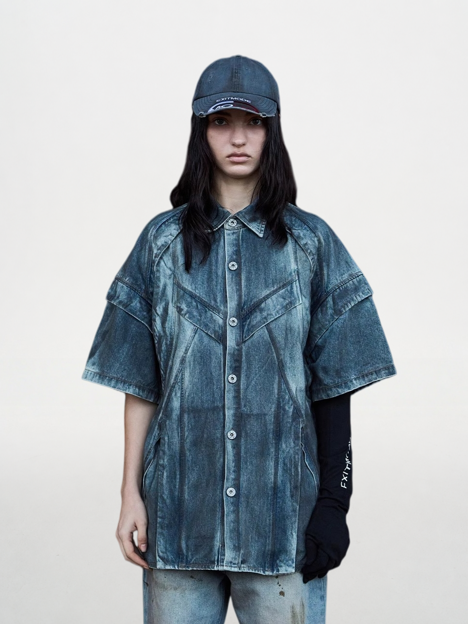 Heavy Washed Distressed Denim Shirt with Epaulets