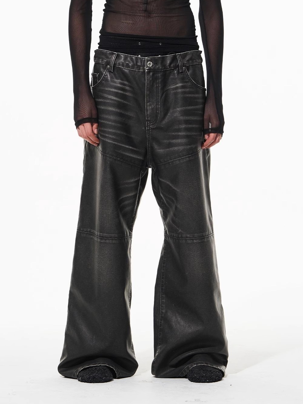 BLINDNOPLAN Textured Washed Tie-Up Leather Pants