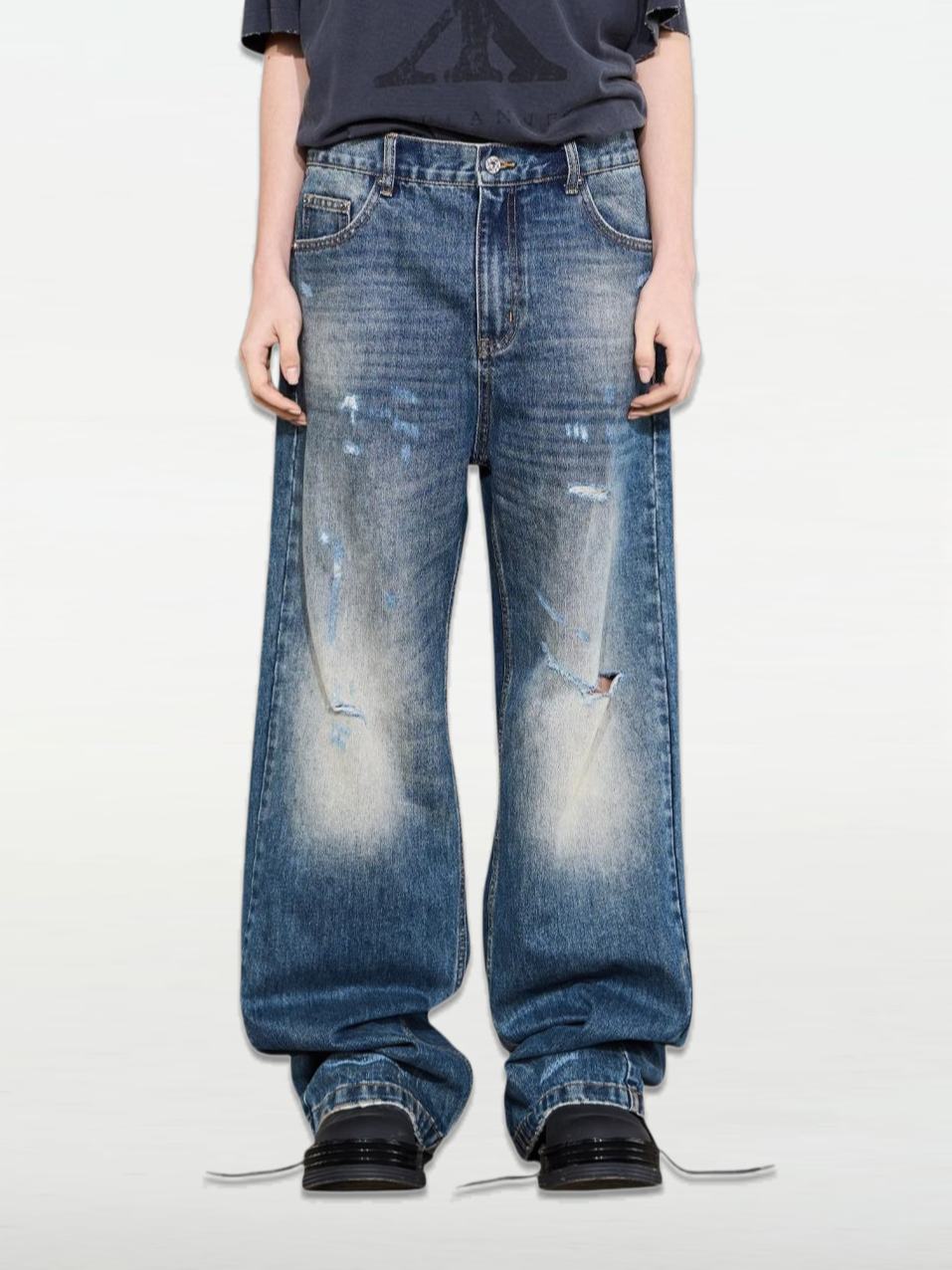 Ripped Deep Blue Loose Straight-Leg Jeans