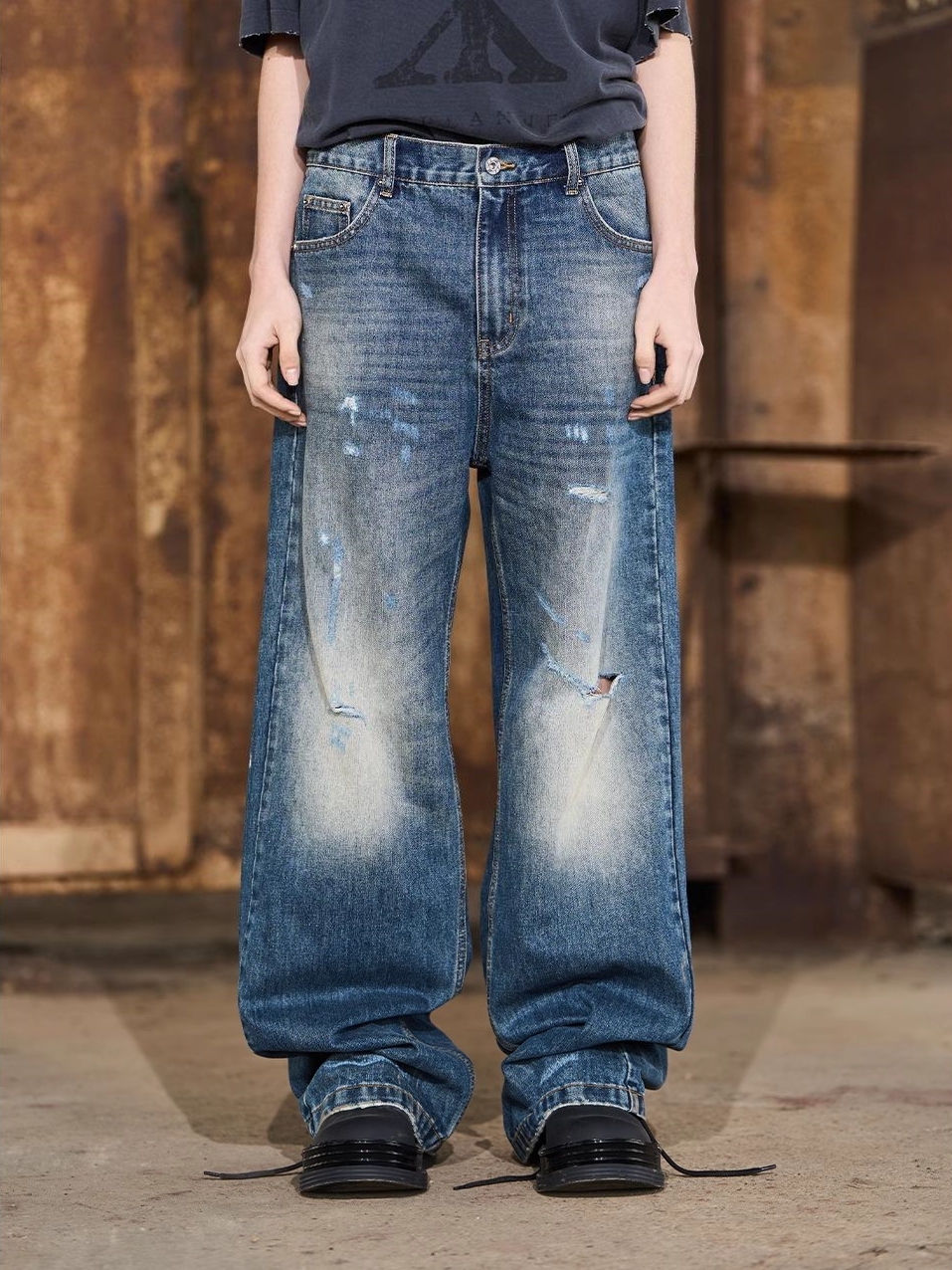 EXITMODE BY BLINDNOPLAN 24SS Ripped Deep Blue Loose Straight-Leg Jeans