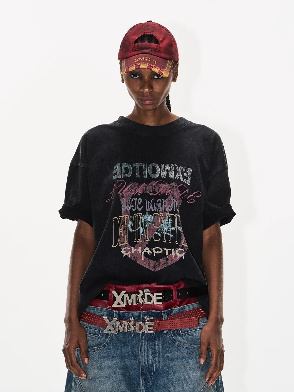 EXITMODE BY BLINDNOPLAN Washed Distressed Overlap Print T-Shirt