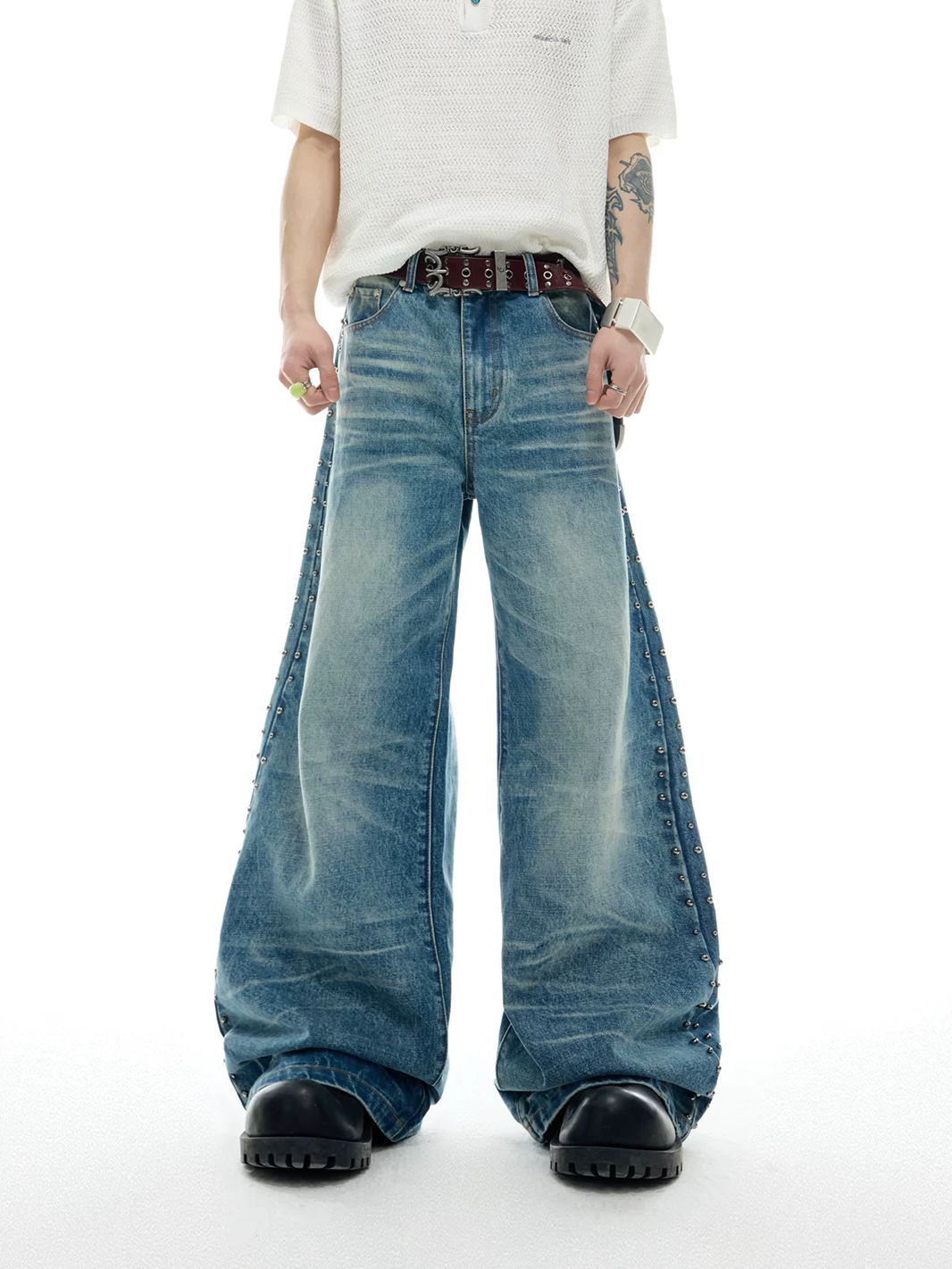 Distressed Creased Micro-Flare Jeans