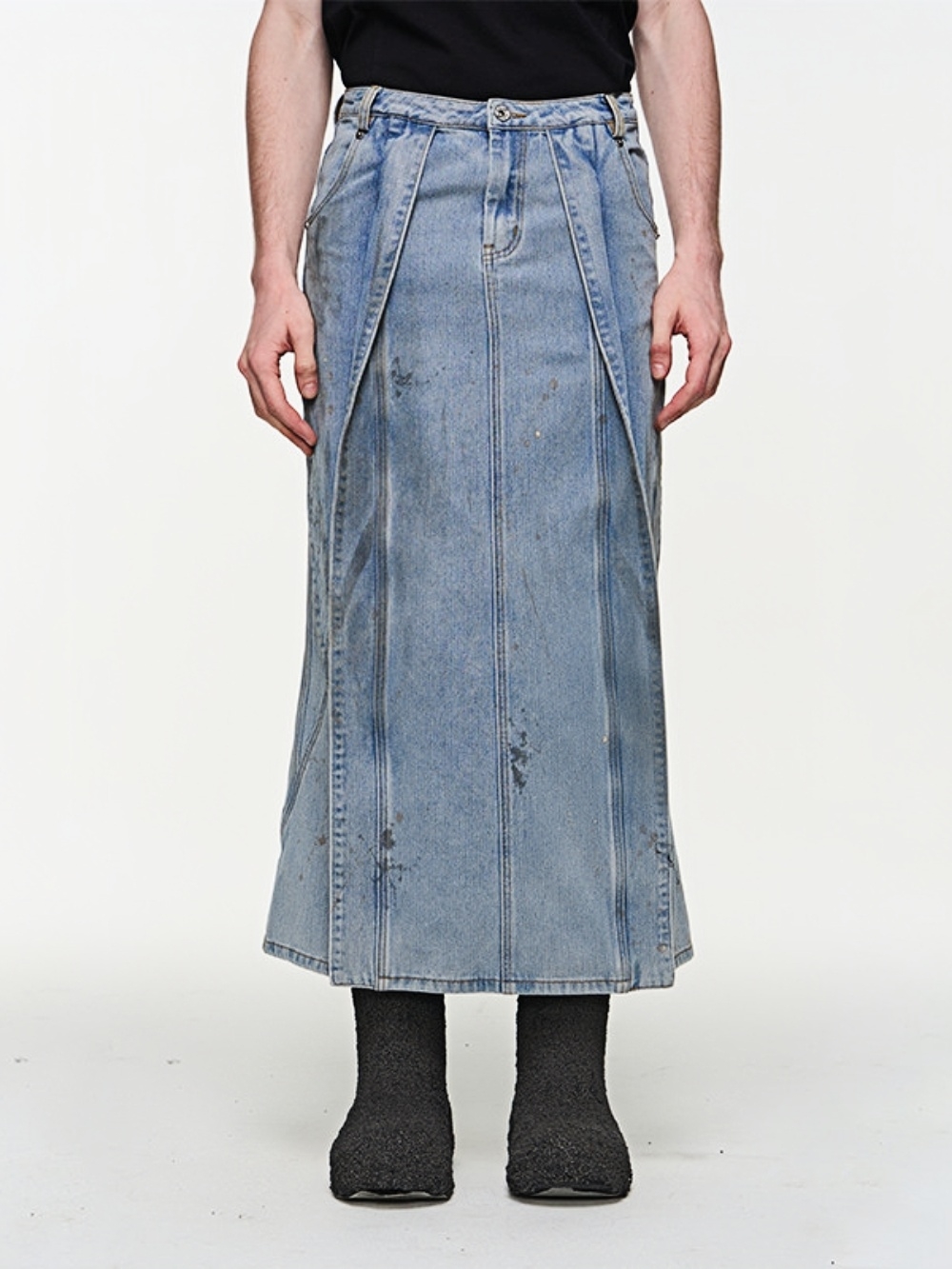 Mud-dyed Ink-splattered Distressed Flared Skirt