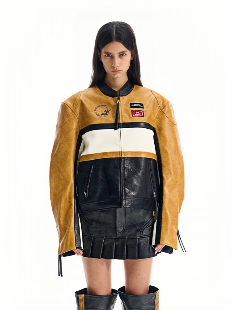 Color-Block Spliced Short Sports Leather Jacket