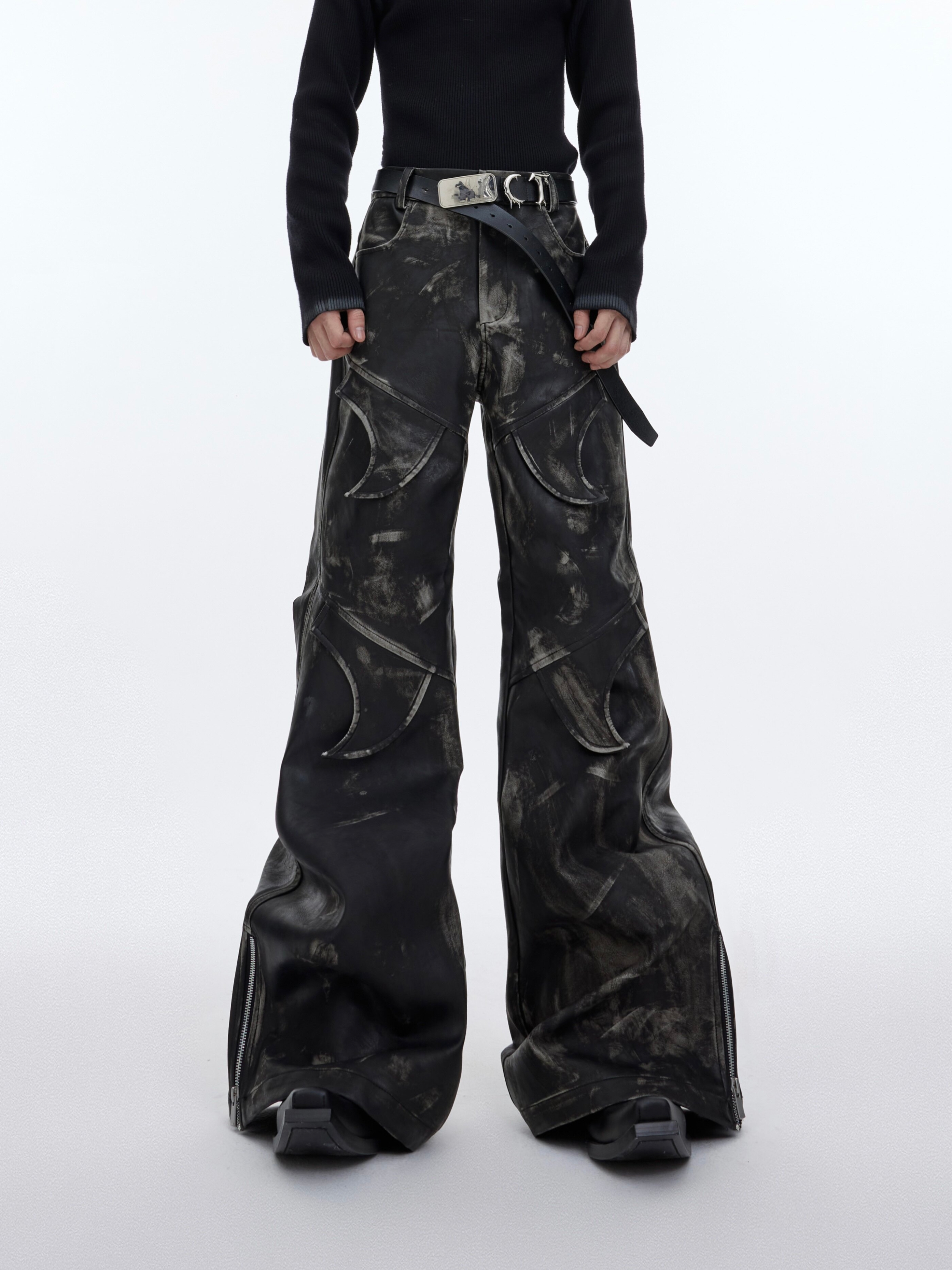 Ink-Washed Structured Micro-Flare Leather Pants