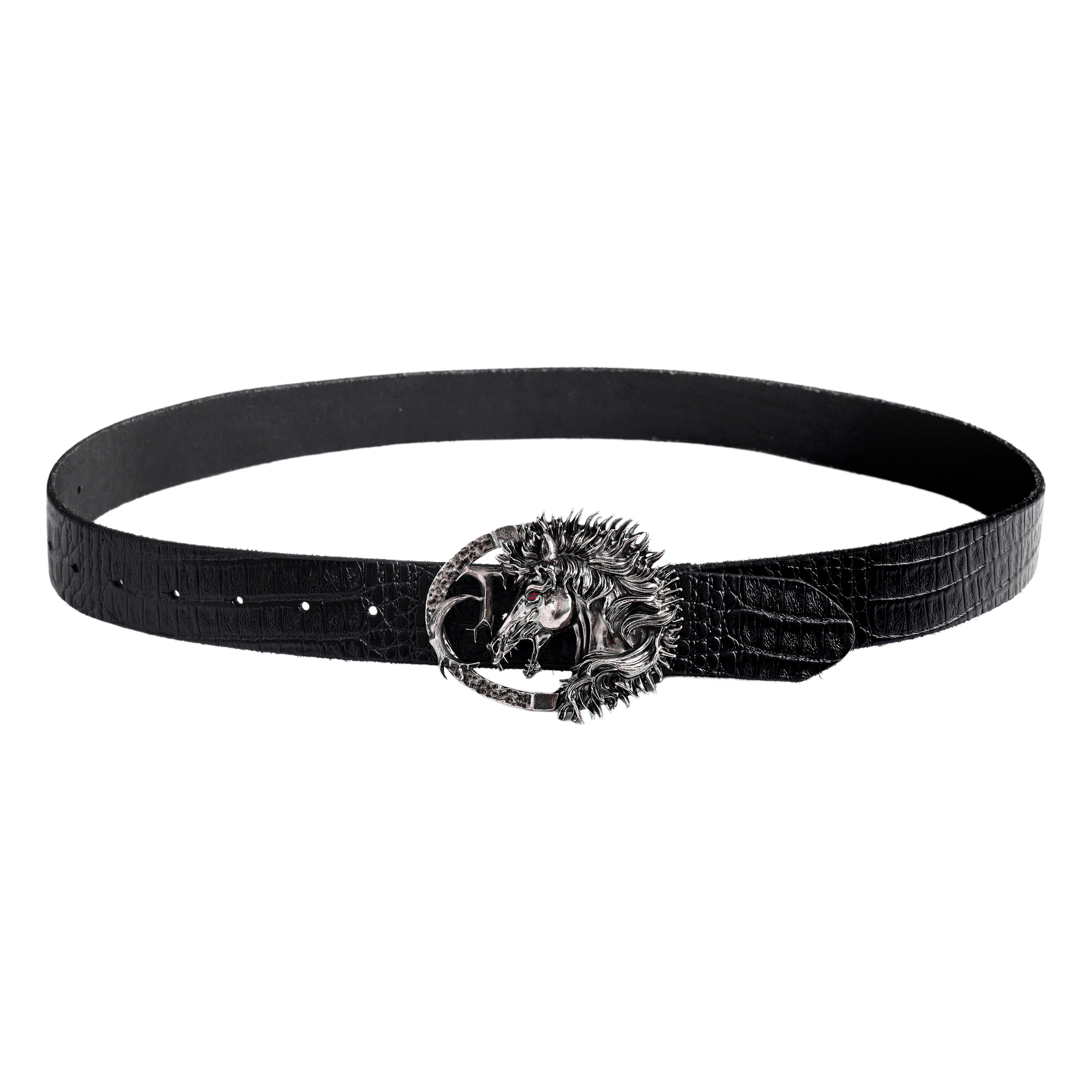 Full-Grain Leather Crocodile-Embossed Distressed Horsehead Belt