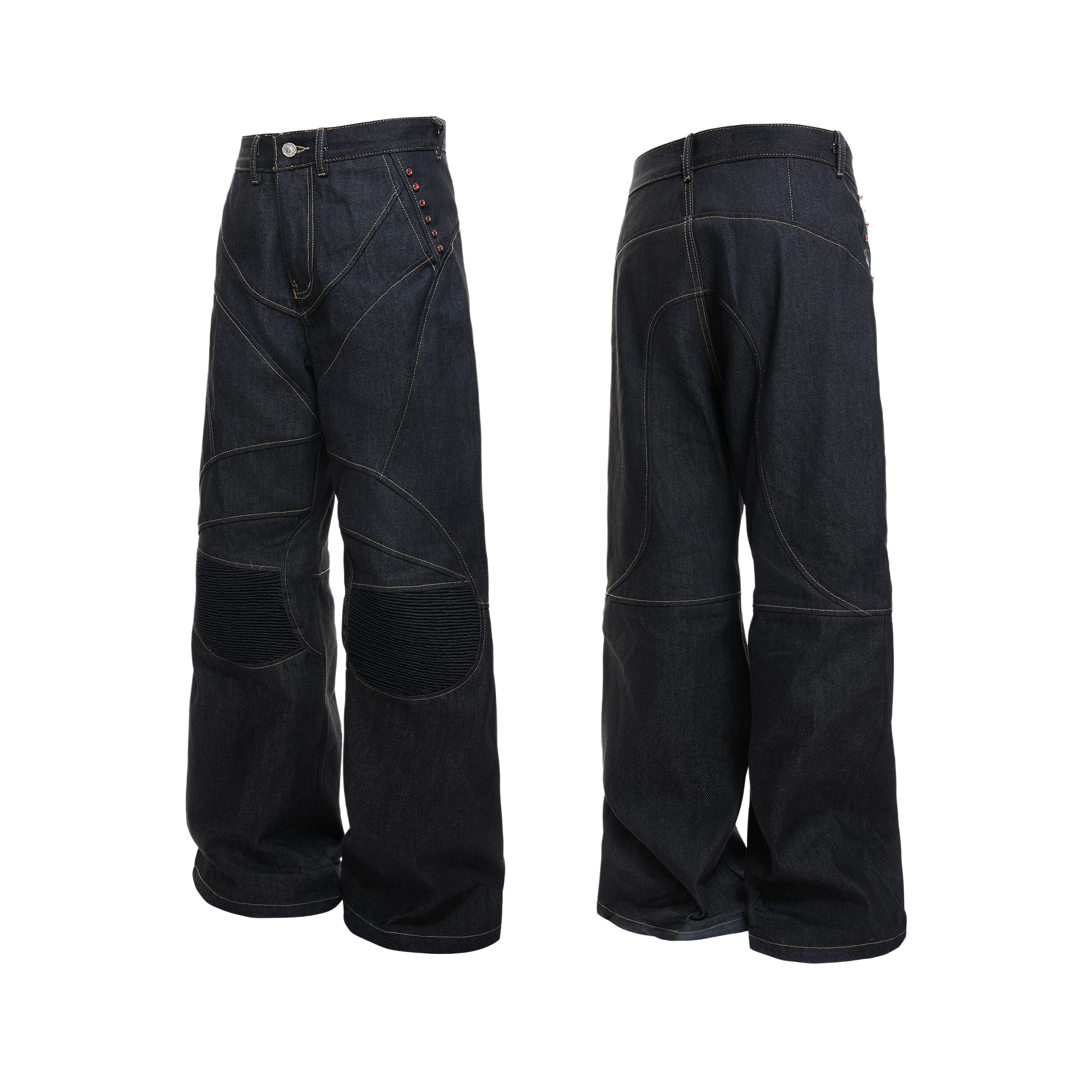 Knee-Pad Pleated High-Stretch Jeans