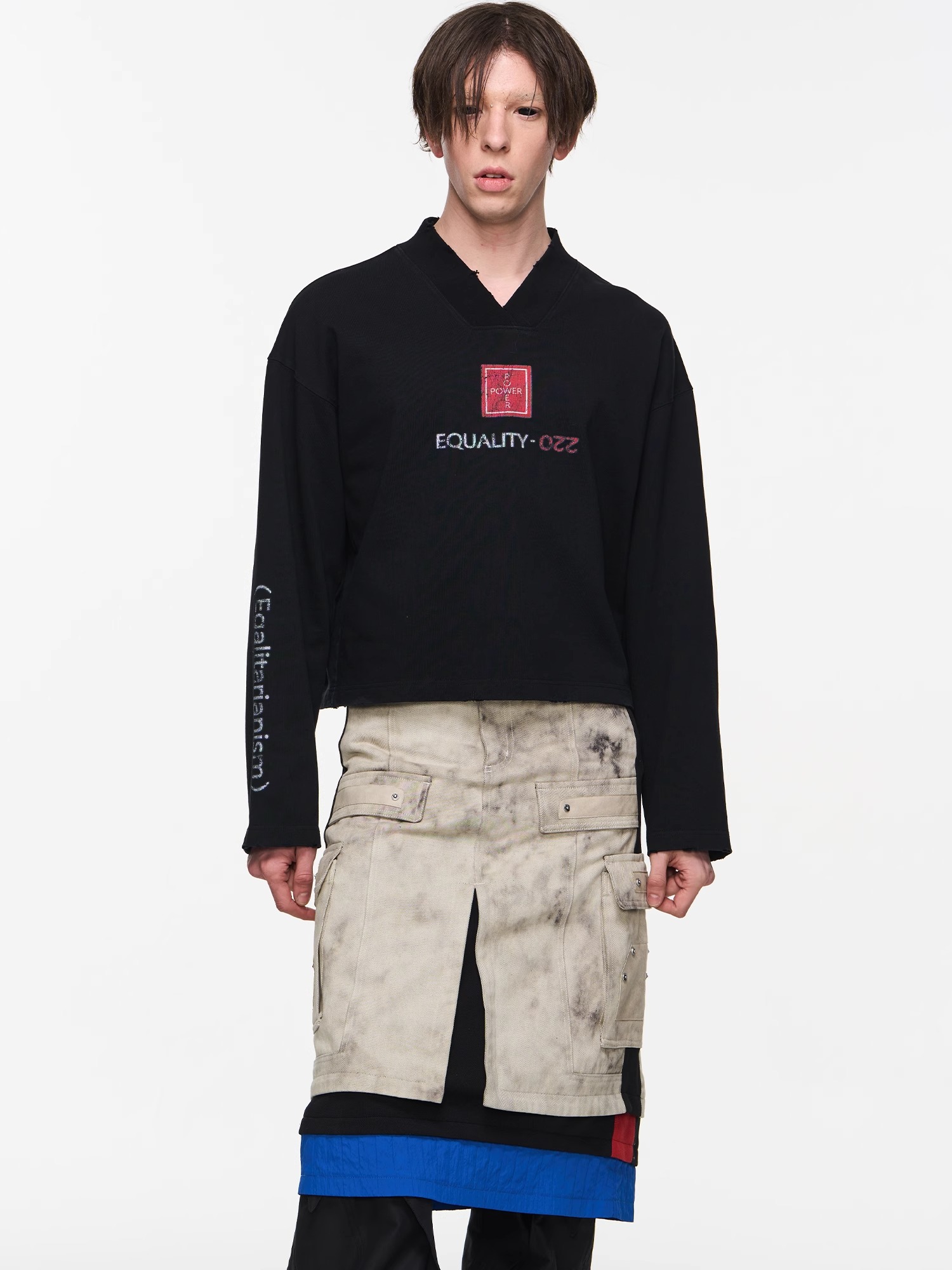 BLINDNOPLAN 24AW V-Neck "Egalitarianism" Print Washed T-Shirt