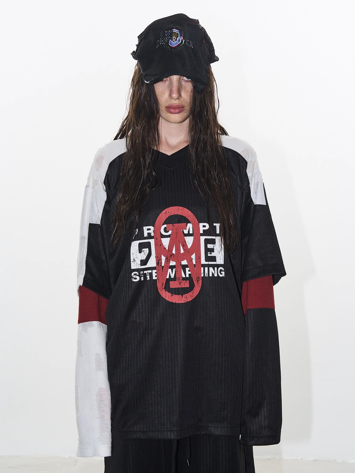 EXITMODE BY BLINDNOPLAN 24AW Color-Blocked Textured Athletic Fake Layered Jersey T-Shirt