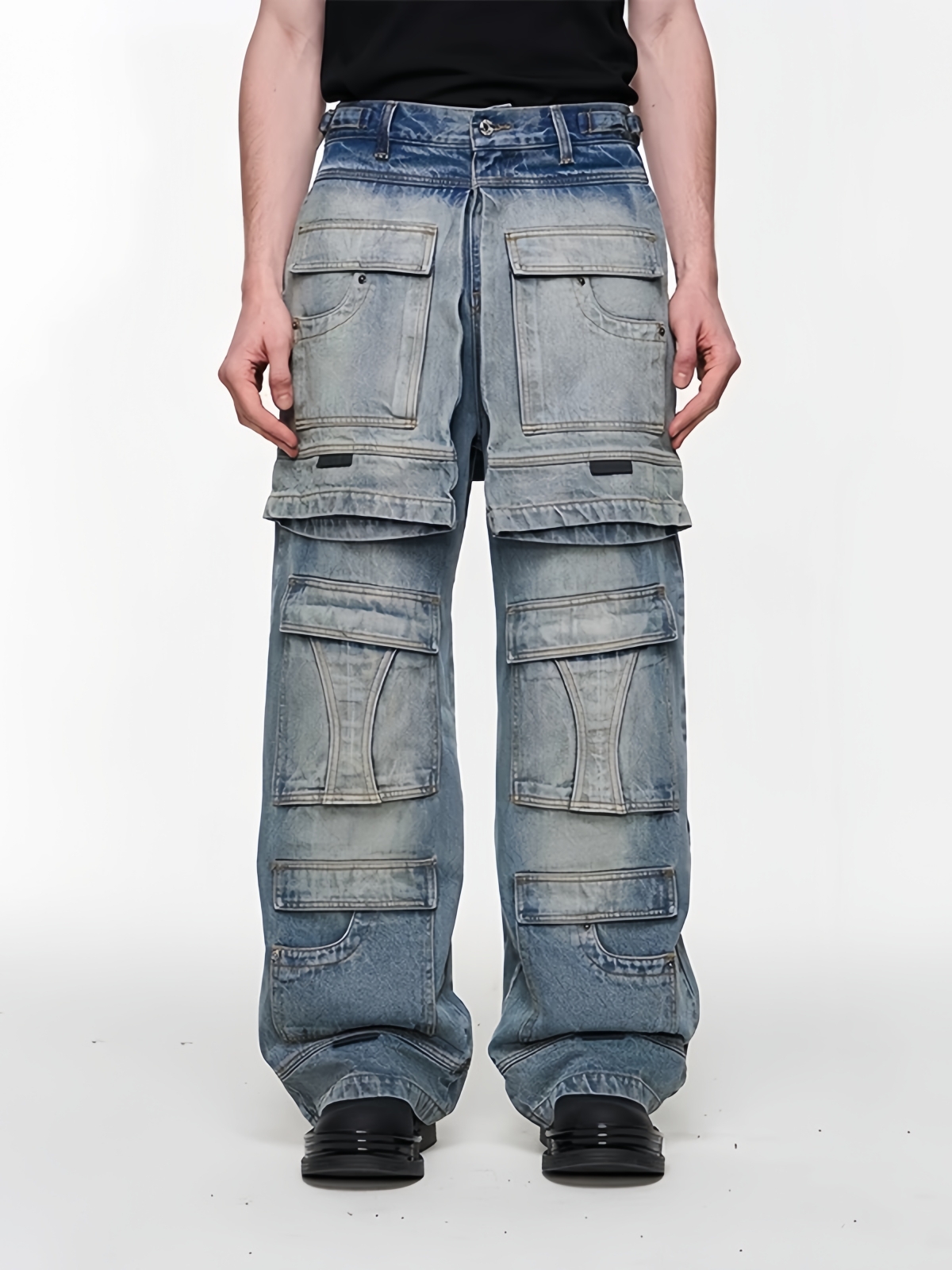 BLINDNOPLAN 24SS Multi-layered Faux Two-piece Ice Blue Workwear Denim Jeans