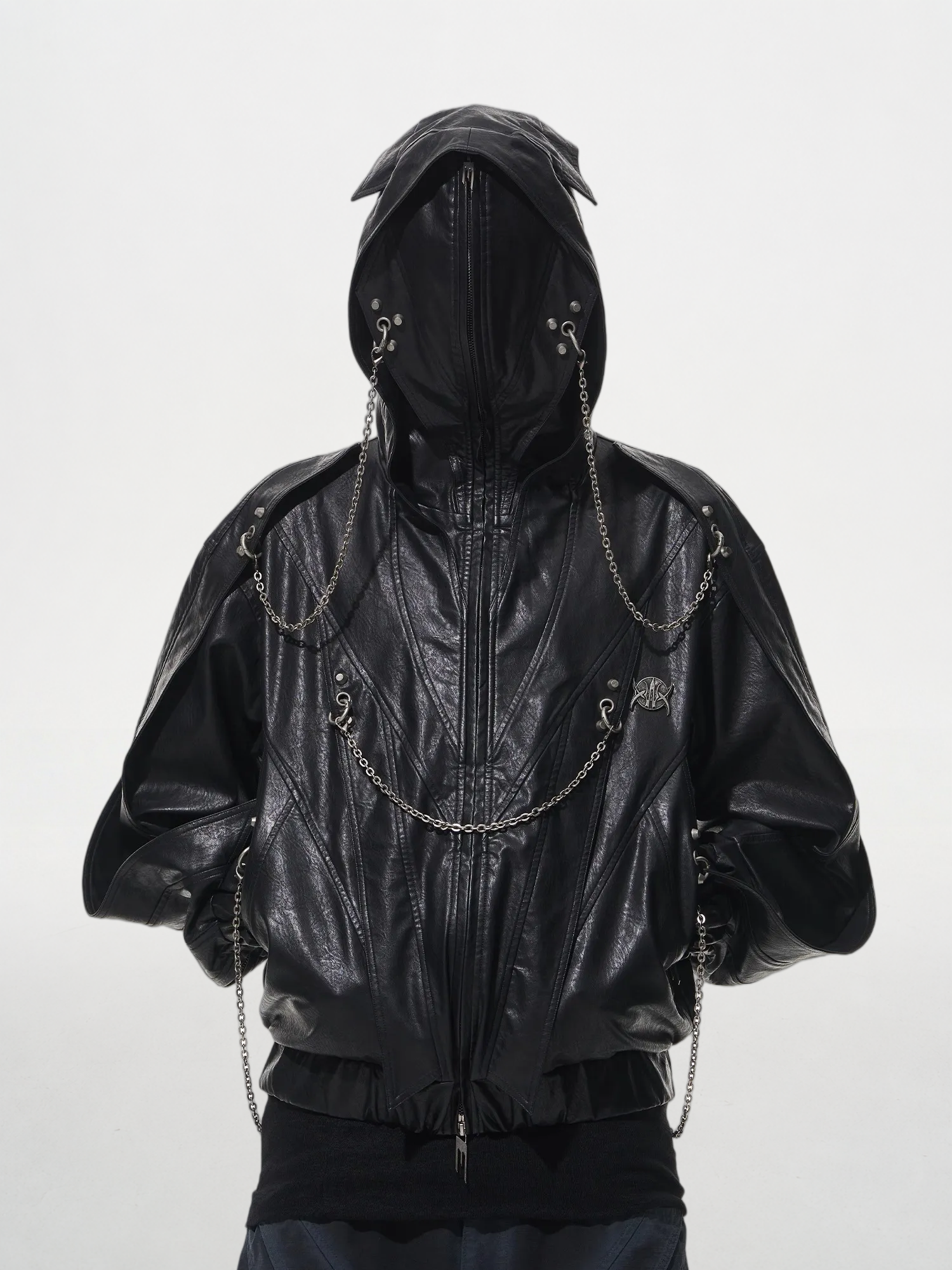 Metal Chain Decorative Interwoven Multi-Panel Hooded Leather Jacket