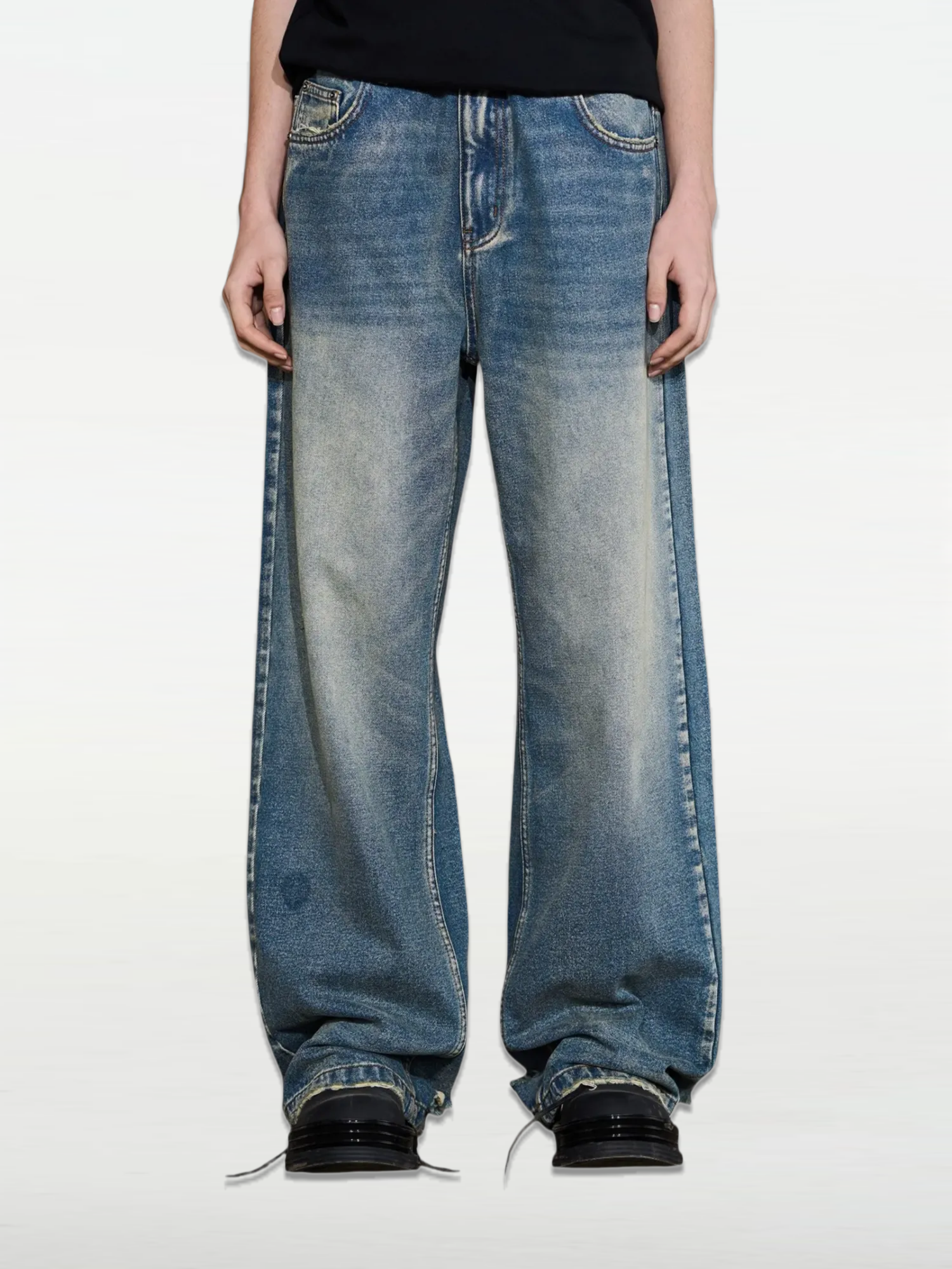 Distressed Washed Blue Straight-Leg Pants